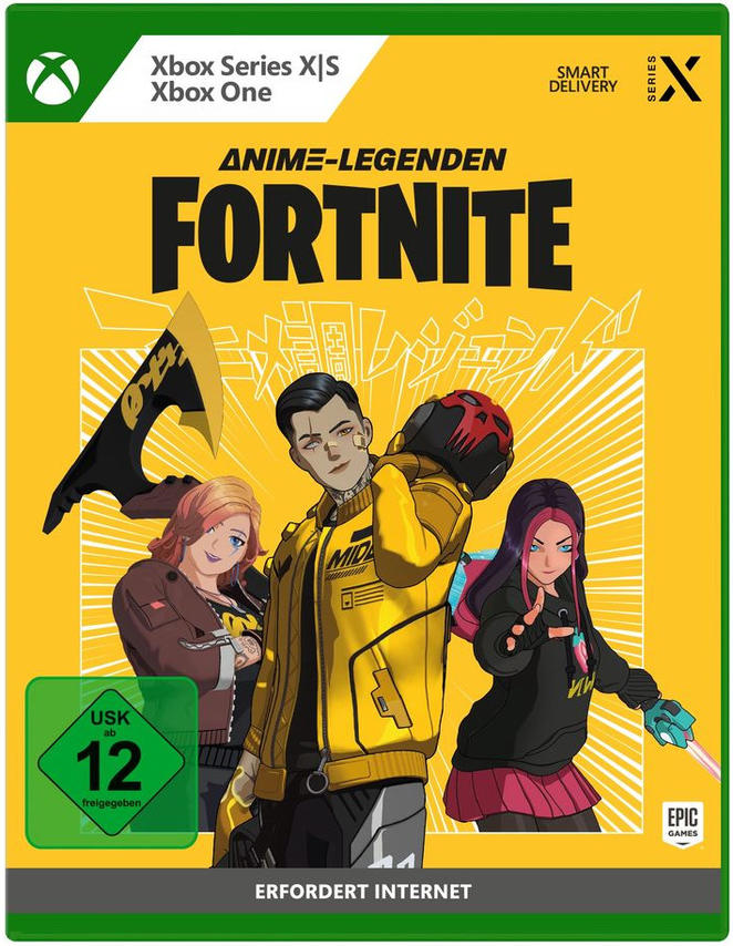 Fortnite Videospiel-Cover. Cartoon-Charaktere in Gelb und Schwarz. Xbox Series X|S und Xbox One Logo.