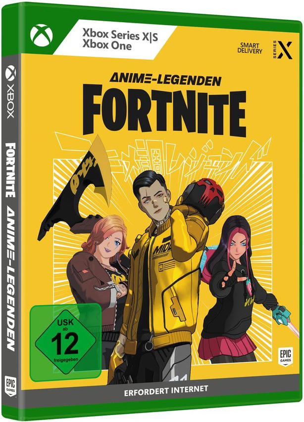 Fortnite Anime-Legends Spielbox. Charaktere auf dem Cover, gelbe und grüne Farben.