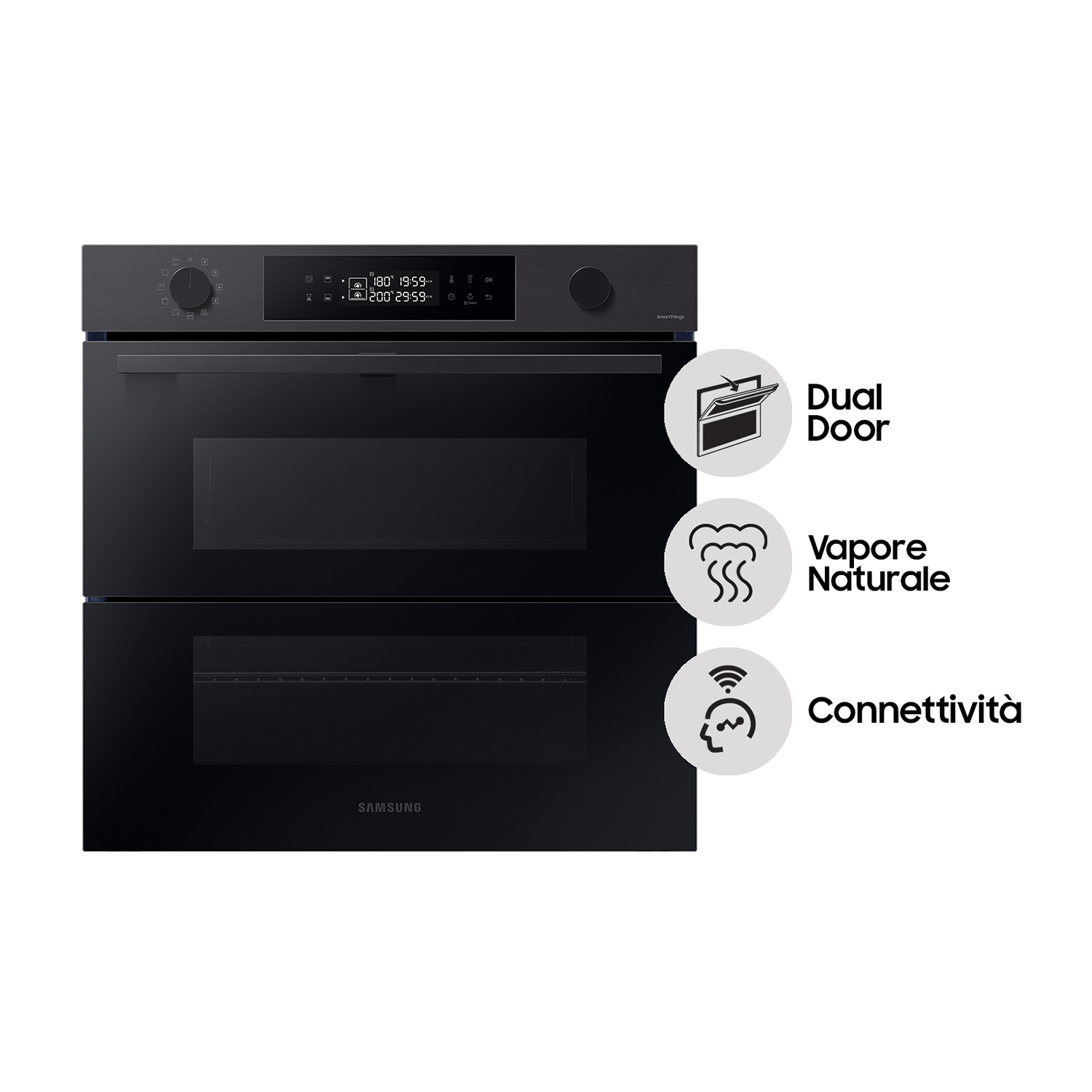 Un forno nero con doppie porte e icone che indicano doppia porta, vapore e connettività.