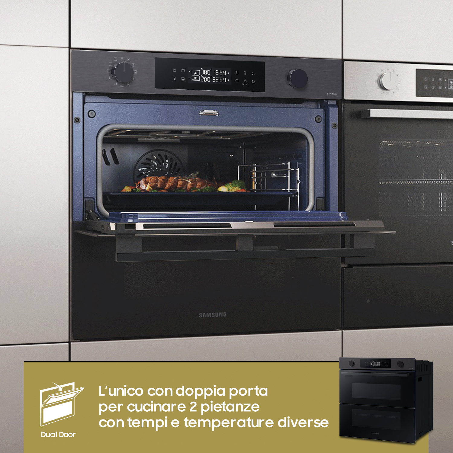 Un forno moderno con design a doppia porta, che mostra il forno aperto con cibo.