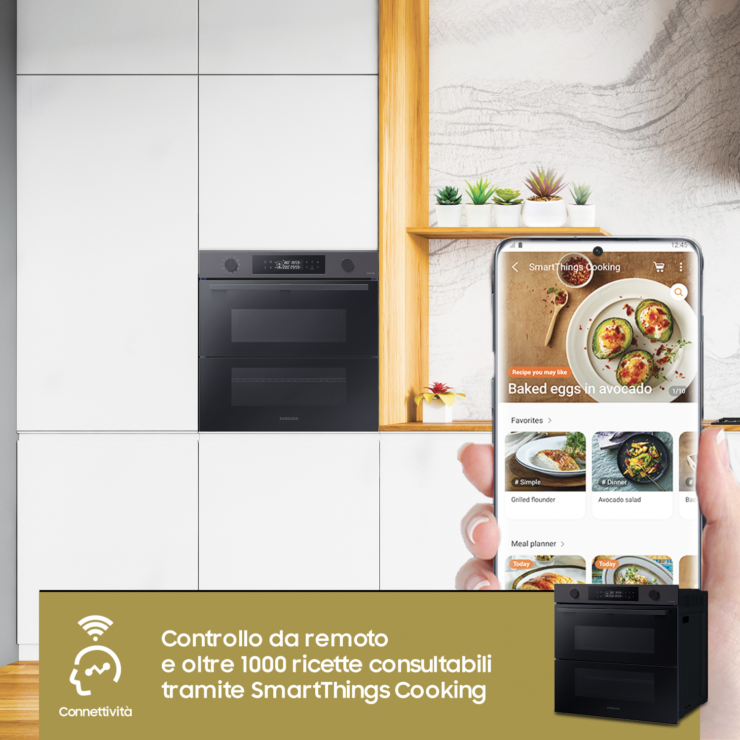 Cucina con forno nero e telefono che mostra una ricetta sullo schermo. Testo in basso.