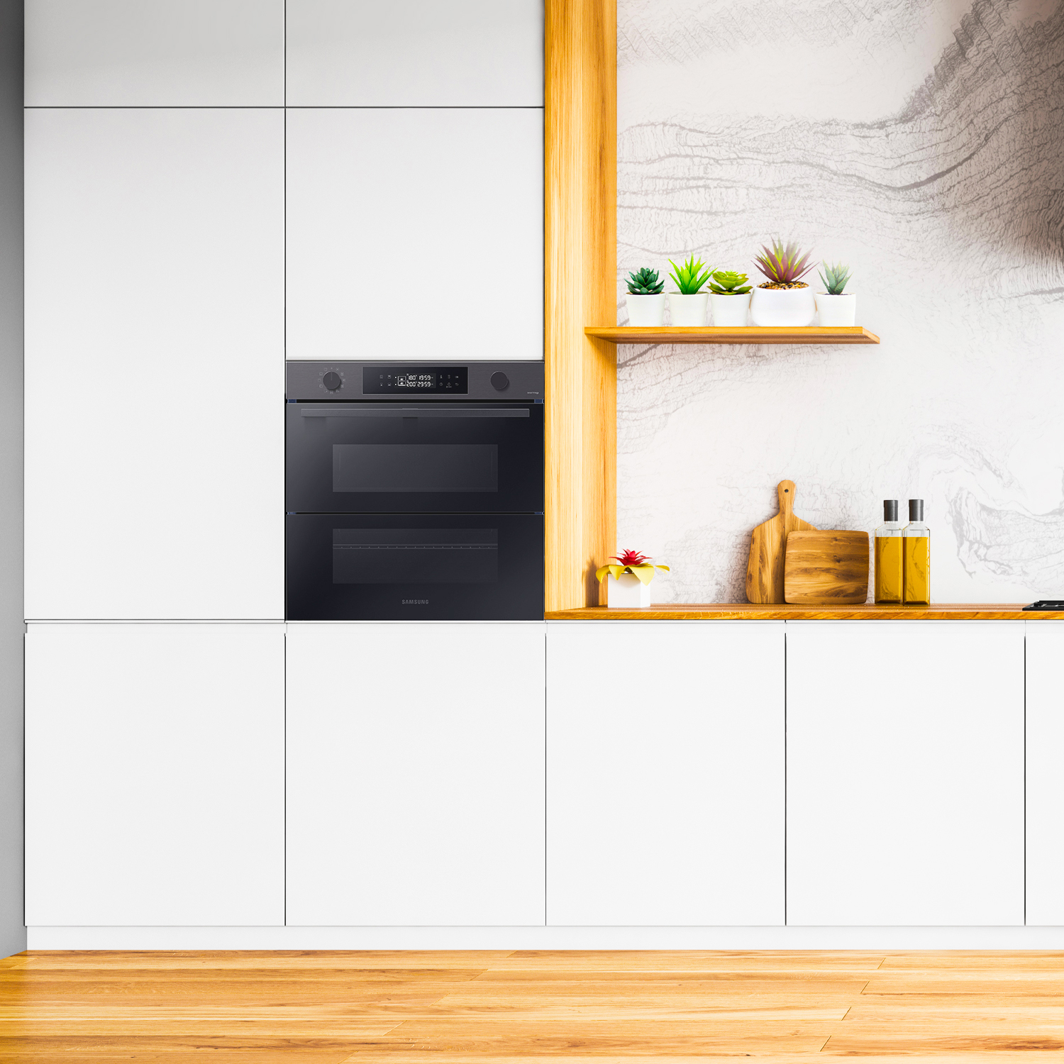 Una cucina moderna con forno nero e mobili bianchi.