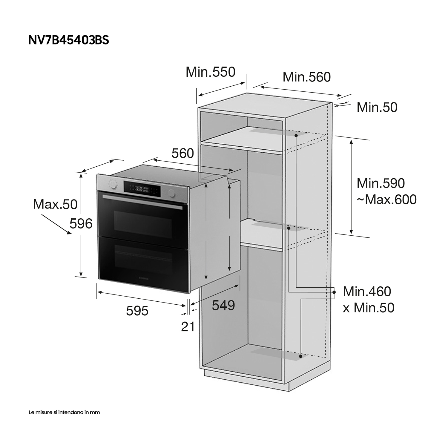 Diagramma di un forno a incasso e del mobile circostante. Mostra le dimensioni.