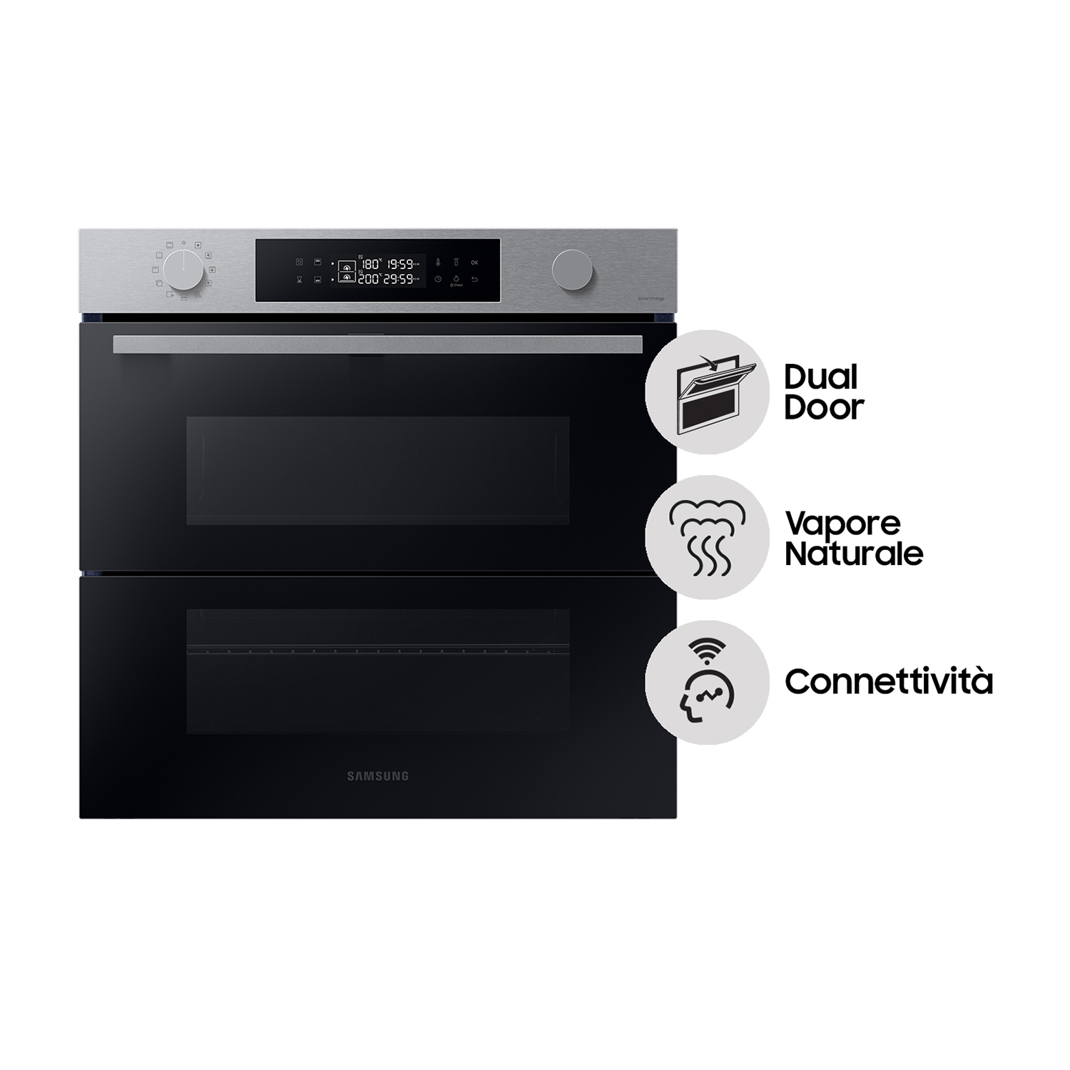 Forno a incasso con due scomparti. Caratteristiche: doppia porta, vapore naturale e connettività.
