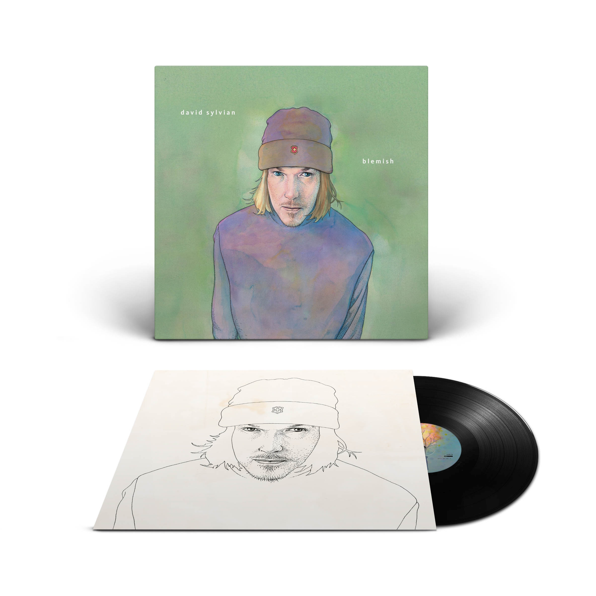 Albumcover von 'Blemish' von David Sylvian, mit Porträt und Vinyl-Schallplatte.