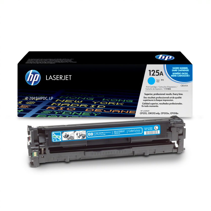 Egy HP LaserJet 125A tonerkazetta és doboz fehér háttér előtt.