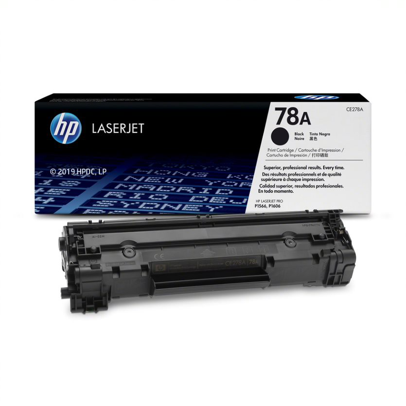 HP 78A fekete toner kazetta doboza. Szöveg és termékkép.
