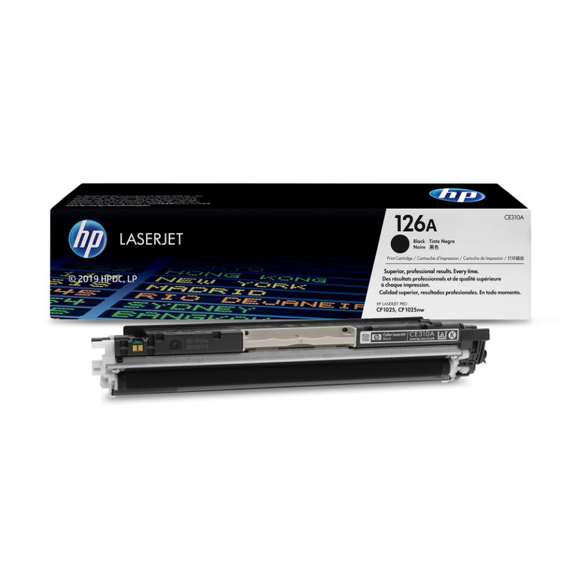 HP LaserJet 126A fekete tonerkazetta és doboz fehér háttérrel.