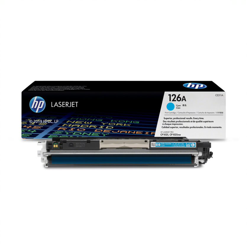 HP LaserJet 126A cián tonerkazetta és doboz fehér háttérrel.