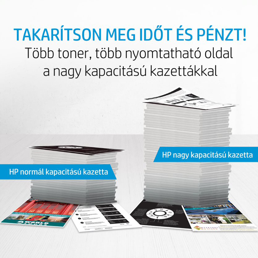 Két köteg fehér papír. Az egyik kisebb, HP normál kapacitás felirattal. A másik nagyobb.