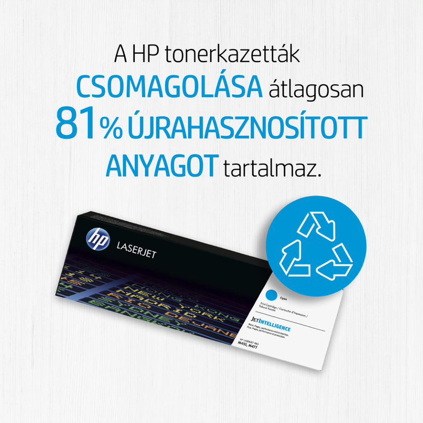 Kép HP tonerkazettákról szóló szöveggel, újrahasznosítási szimbólummal, világoskék háttér előtt.