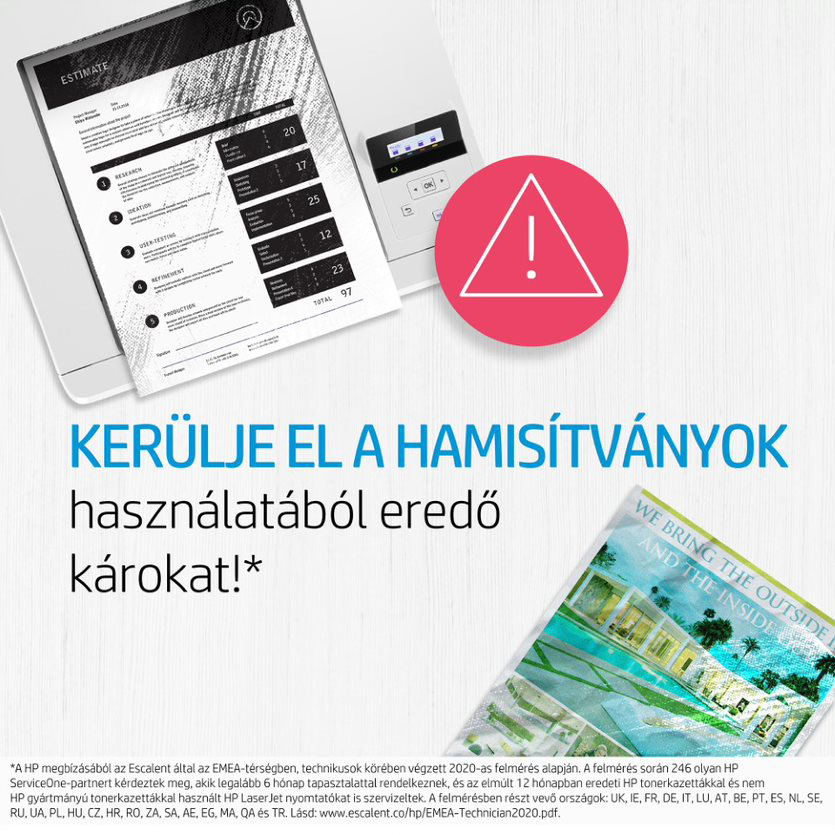 Egy nyomtató dokumentumokkal, egy piros figyelmeztető jelzéssel, és egy házat ábrázoló magazin.
