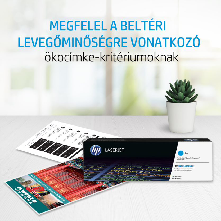 Nyomtatótintapatron, dokumentumok és egy növény képe. Szöveg: levegőminőségi kritériumok.