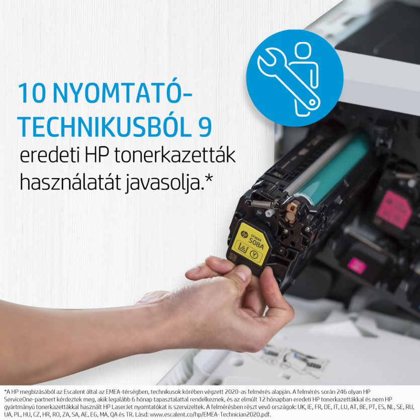 HP nyomtatópatron behelyezése. Szöveg HP technikusokról.