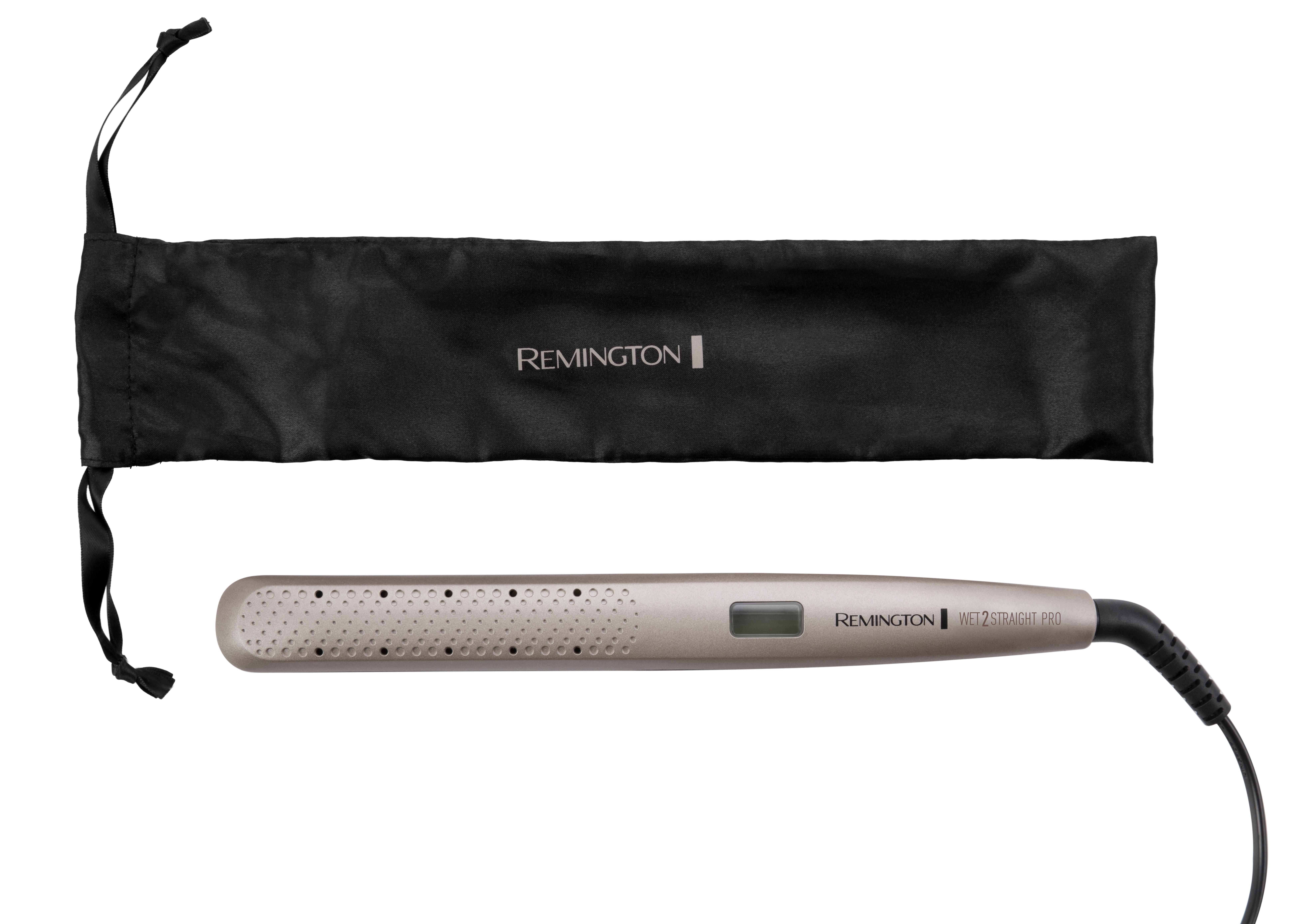 Ein Remington Wet2Straight Pro Haarglätter mit einer schwarzen Reisetasche.