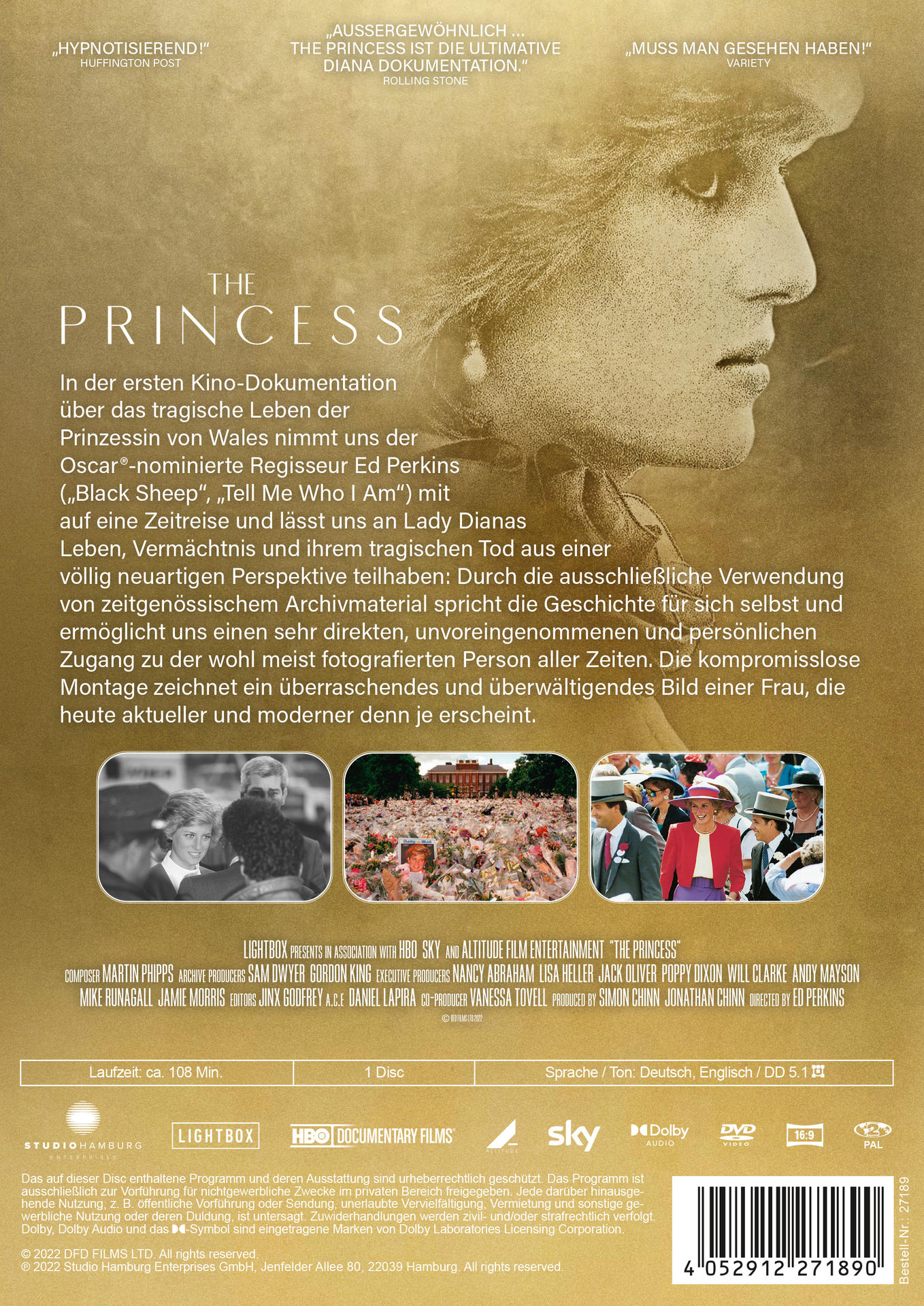 DVD-Cover: 'The Princess' mit Dianas Bild, Text und Filmcredits.