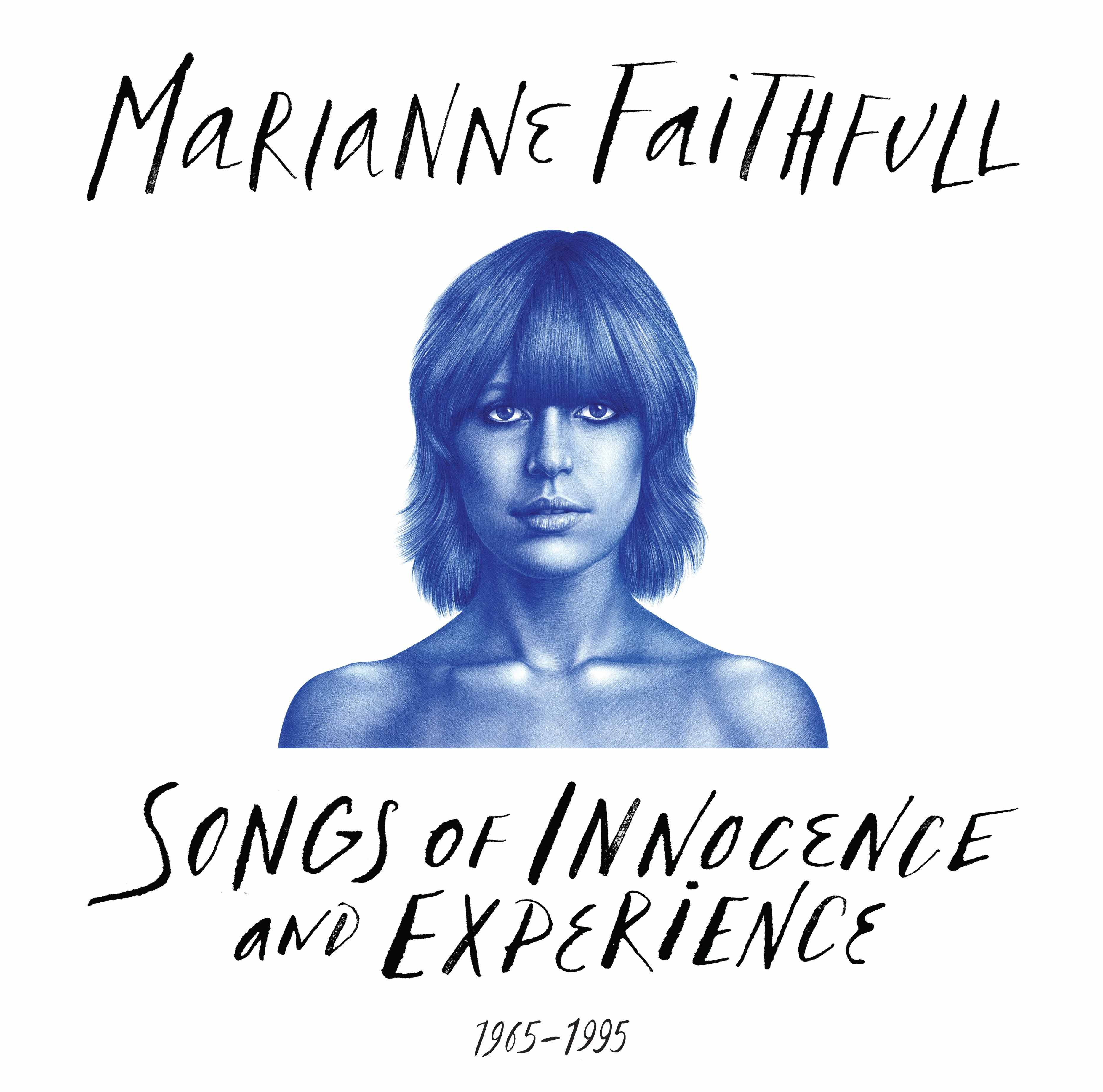 Albumcover für Marianne Faithfulls 'Songs of Innocence and Experience' mit blauem Porträt.