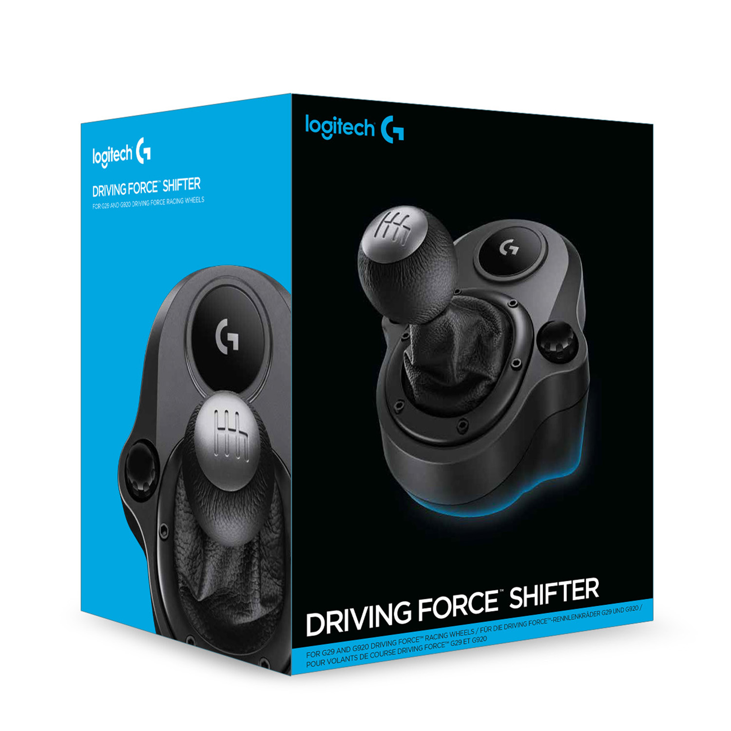 Caja del cambio Logitech Driving Force. El cambio es negro y tiene una palanca de cambios.