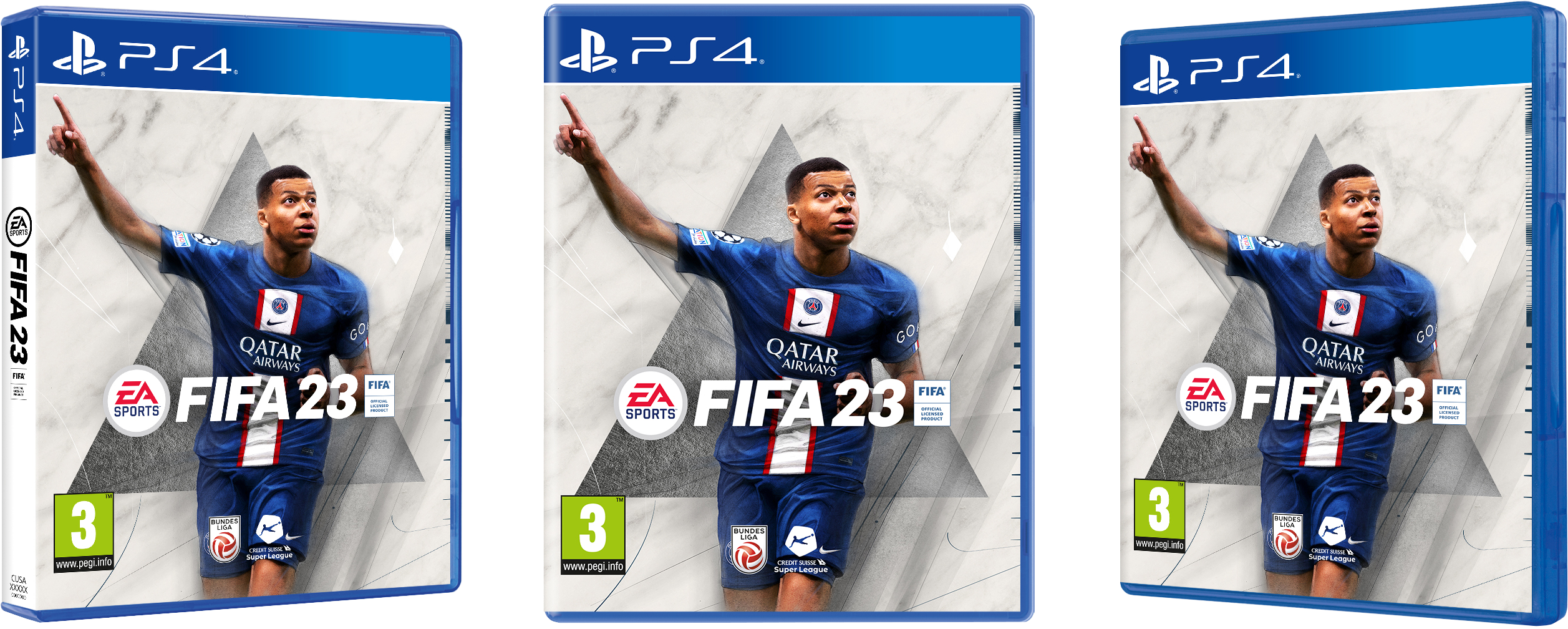Drei Spielboxen für FIFA 23, die jeweils einen Fußballspieler zeigen.