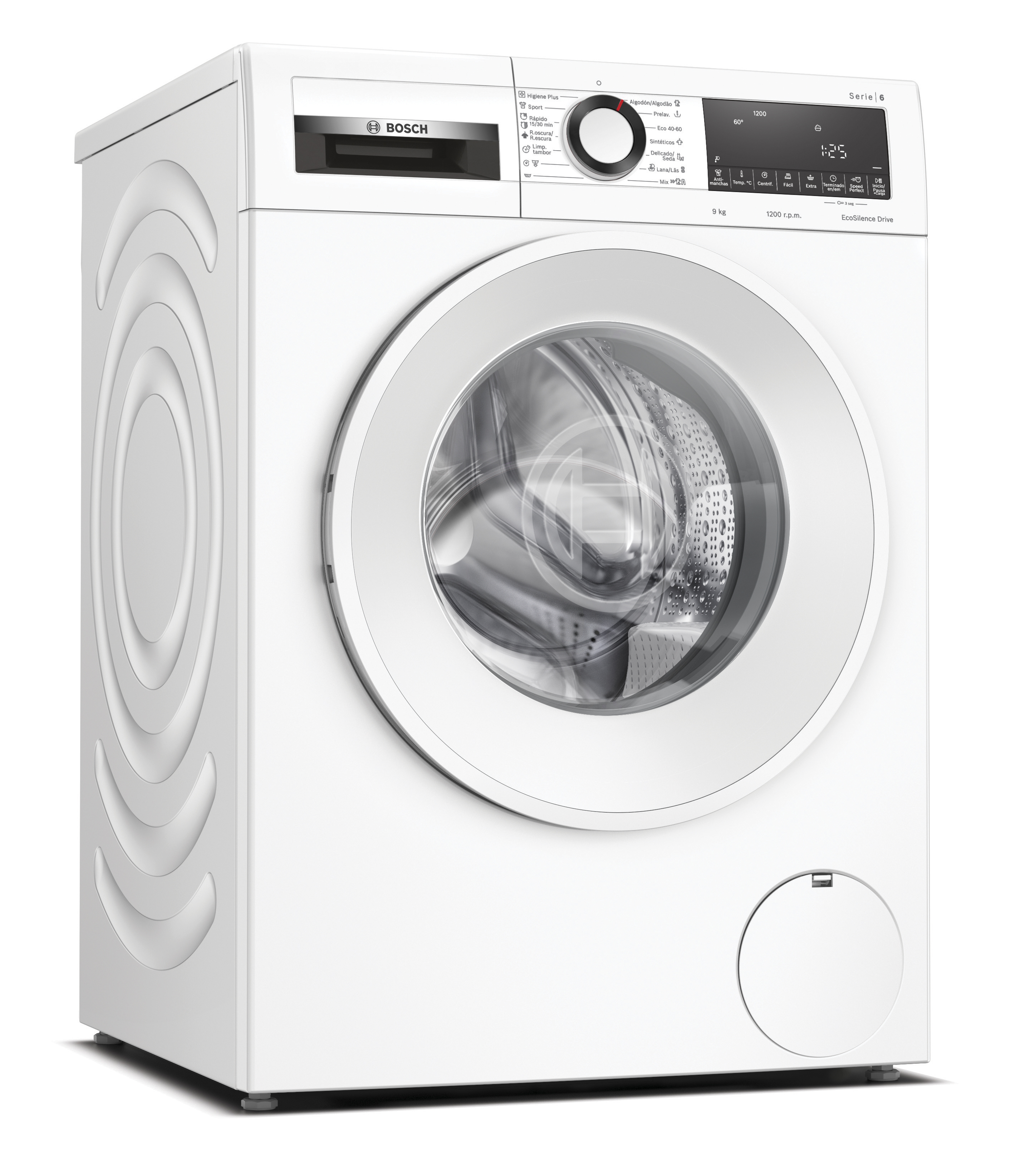 Una lavadora blanca Bosch desde un ángulo lateral. Tiene una puerta redonda y un panel de control.