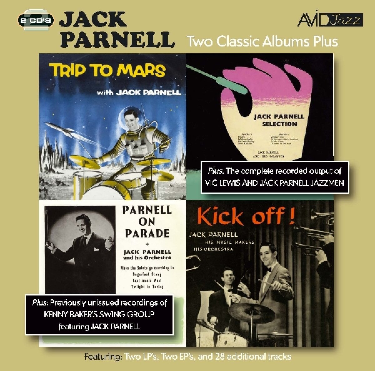 Album borító két Jack Parnell albummal, egy űrhajós ruhás férfival és egy rózsaszín kézzel.