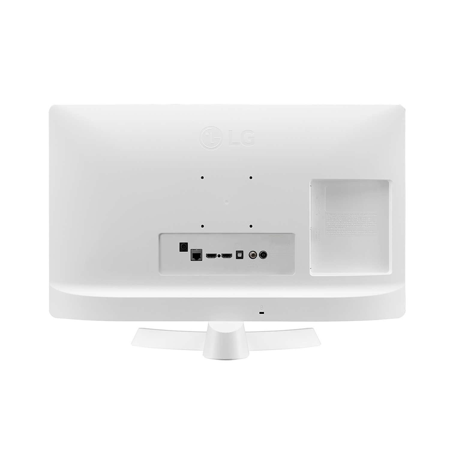 Parte trasera de un televisor LG blanco que muestra puertos y conexiones. Un soporte está unido en la parte inferior.
