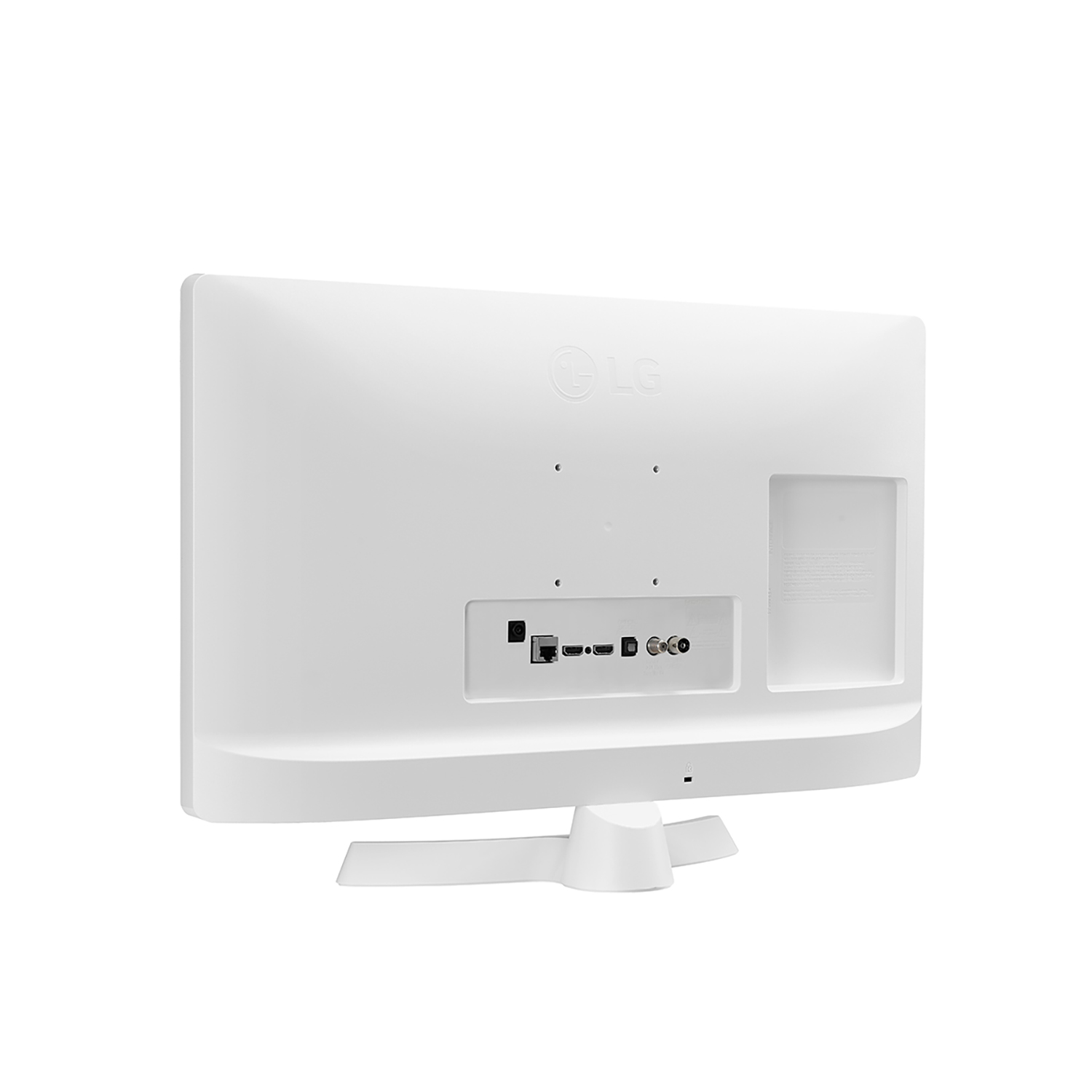 Vista trasera de un televisor LG blanco con puertos y un soporte.