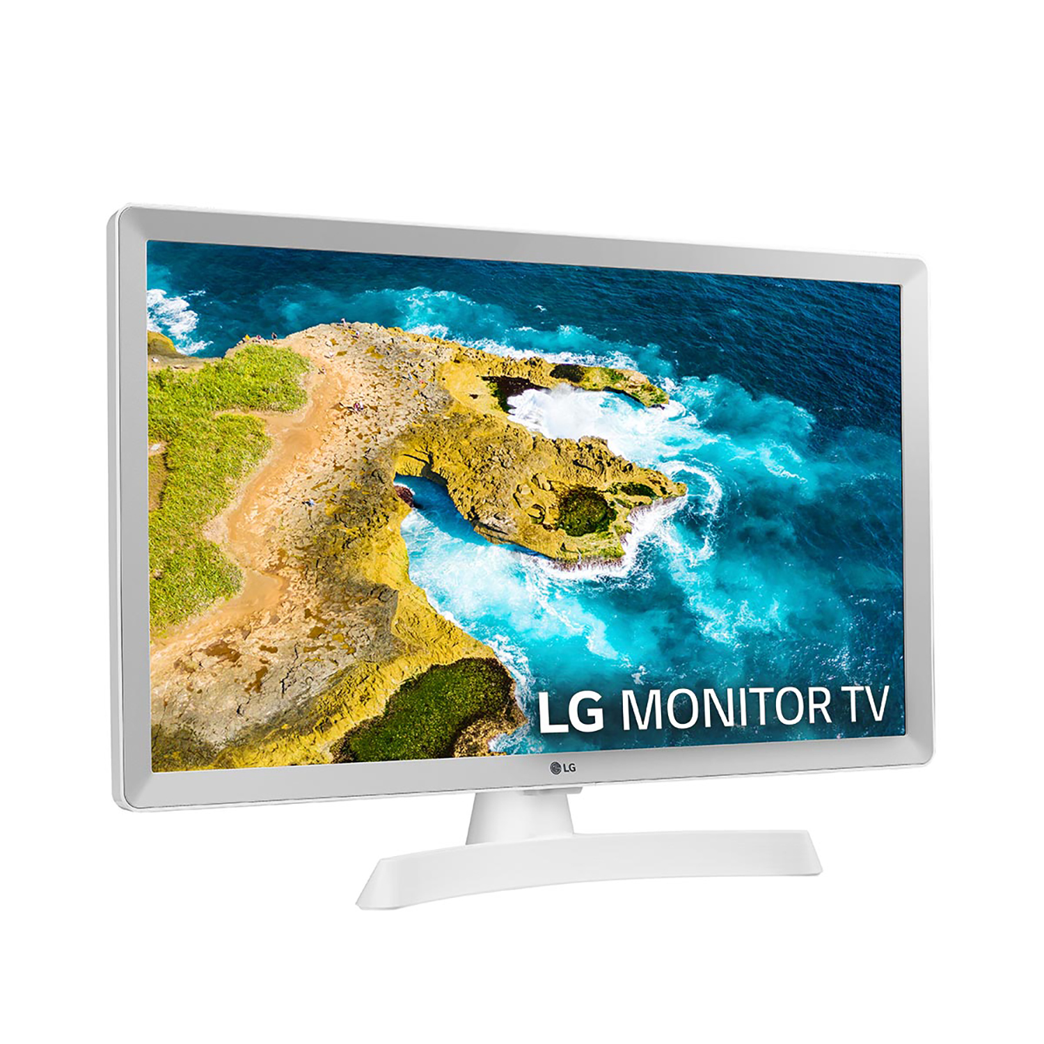 Un televisor LG muestra una escena costera con marco y soporte blancos.