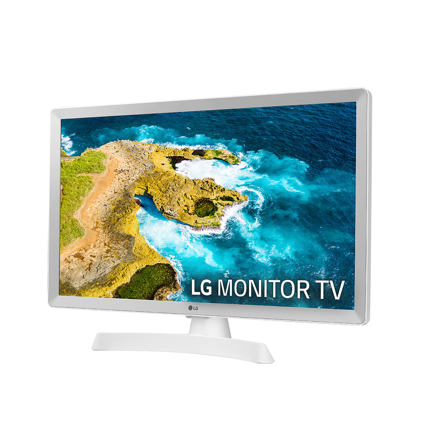 Televisor monitor LG blanco sobre un soporte blanco, con vista al mar en la pantalla.