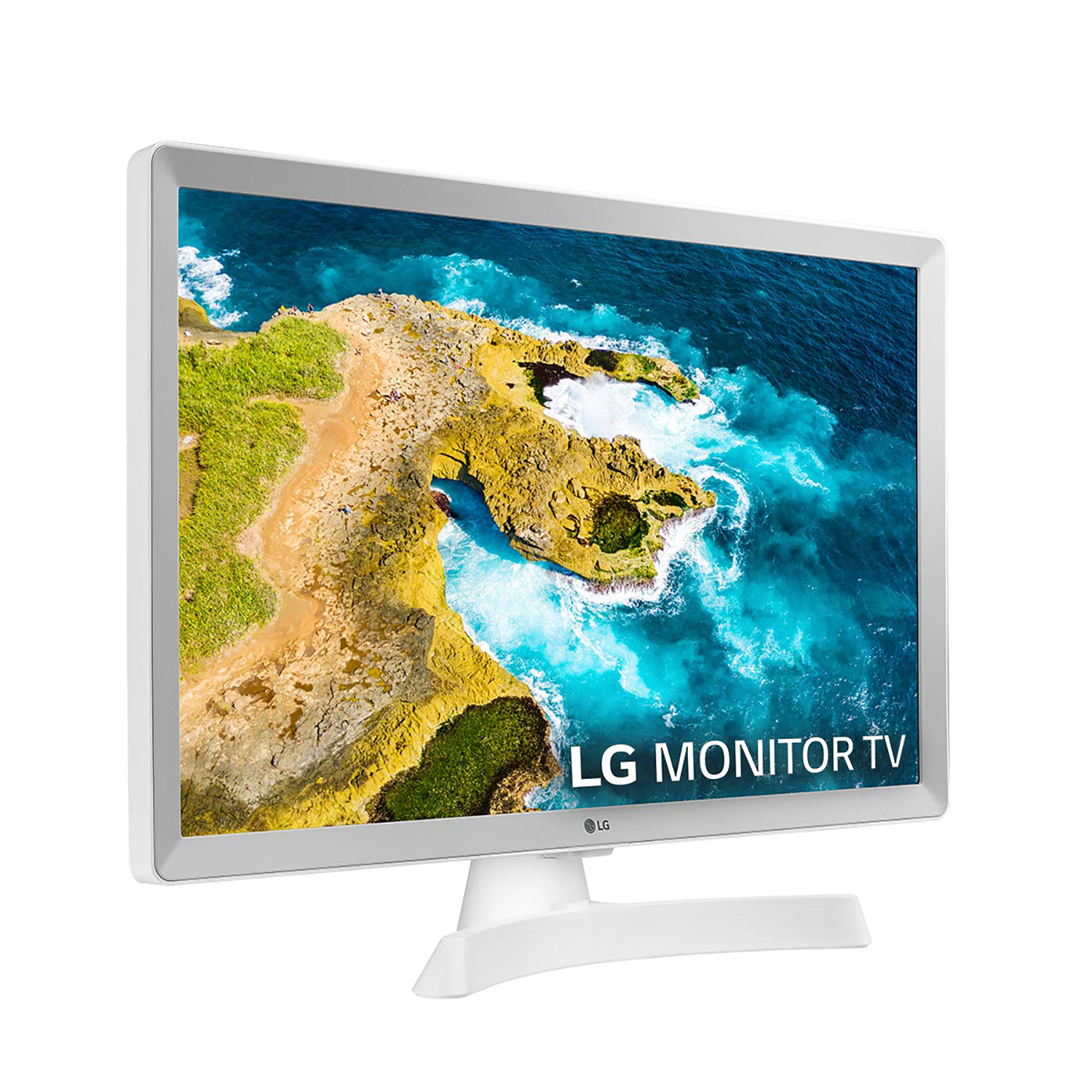 TV monitor LG blanco, vista lateral, escena costera con agua azul.
