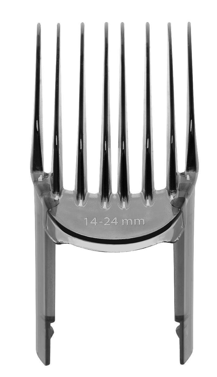 Grauer Haarschneideraufsatz, markiert 14-24 mm. Er hat sechs Zähne und zwei vertikale Stützen.