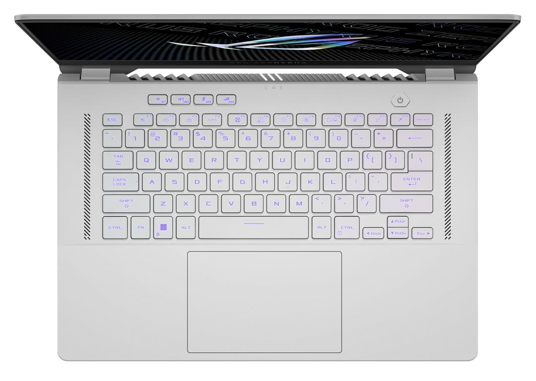 Laptop blanco abierto, vista superior, teclado y panel táctil con teclas iluminadas.