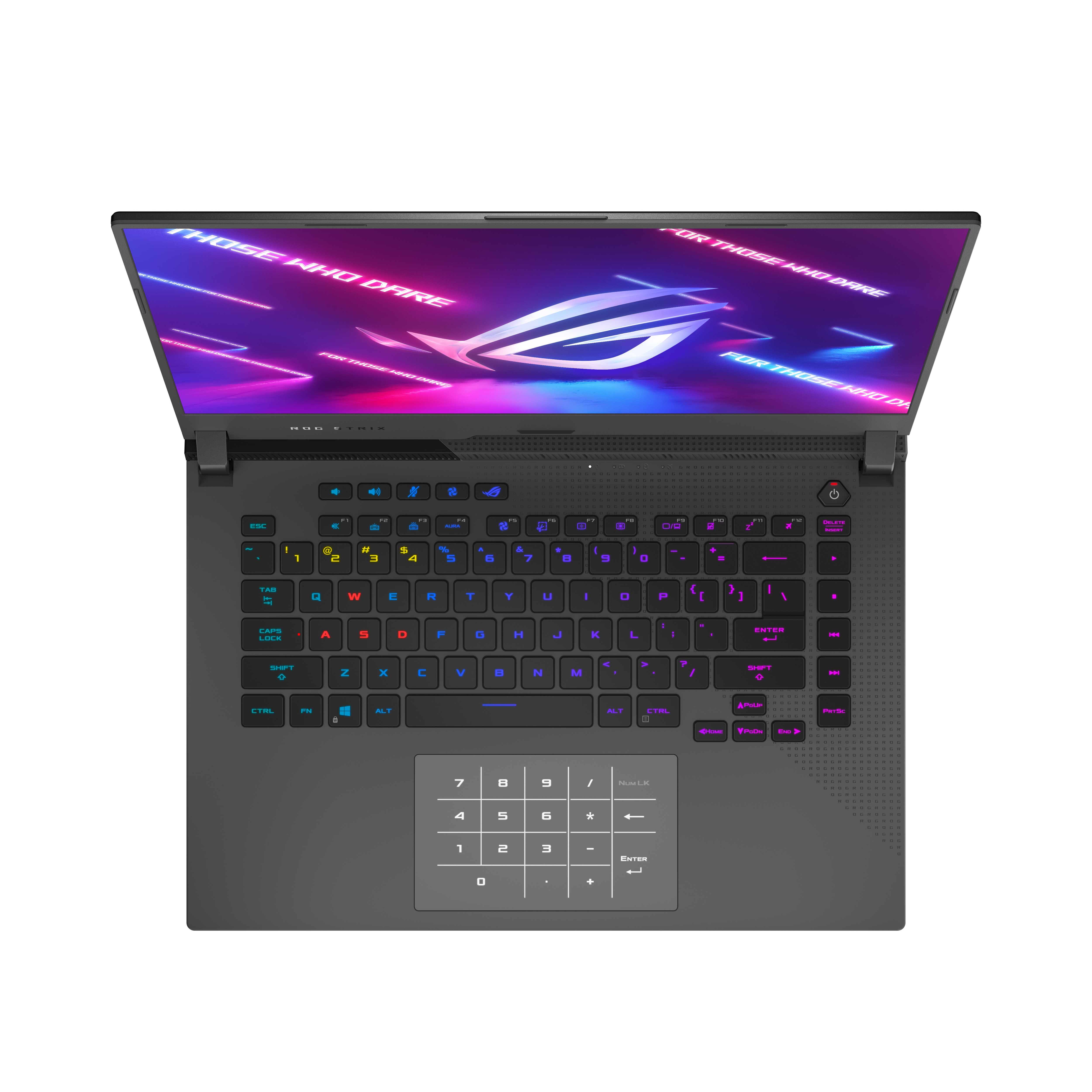 Vista superior de un portátil gris abierto con teclado retroiluminado y pantalla coloridos.