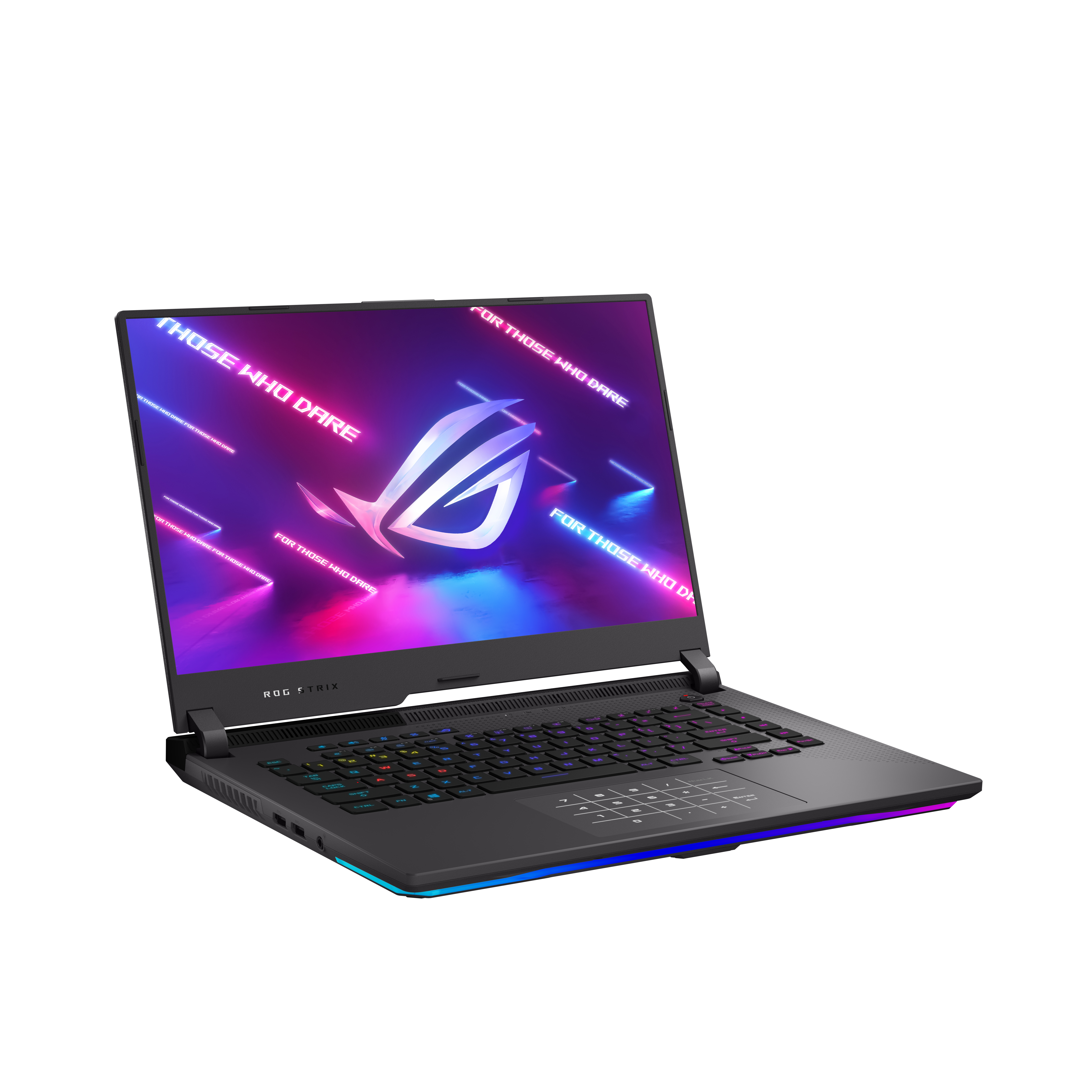 Ordenador portátil negro con pantalla colorida, teclado con luces rojas y azules, fondo blanco.