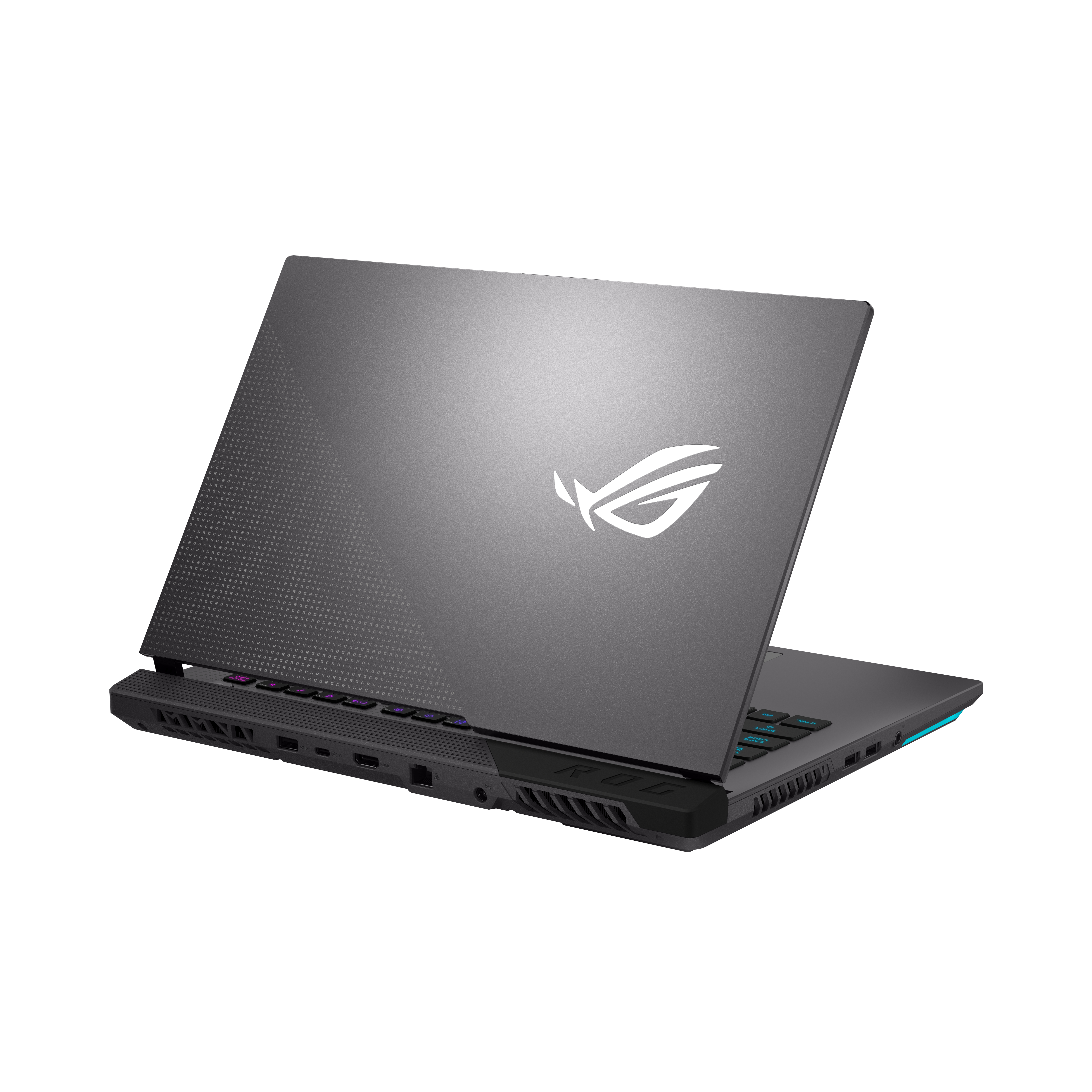 Una computadora portátil gris con un logotipo ASUS ROG en la parte posterior, en ángulo y abierta.