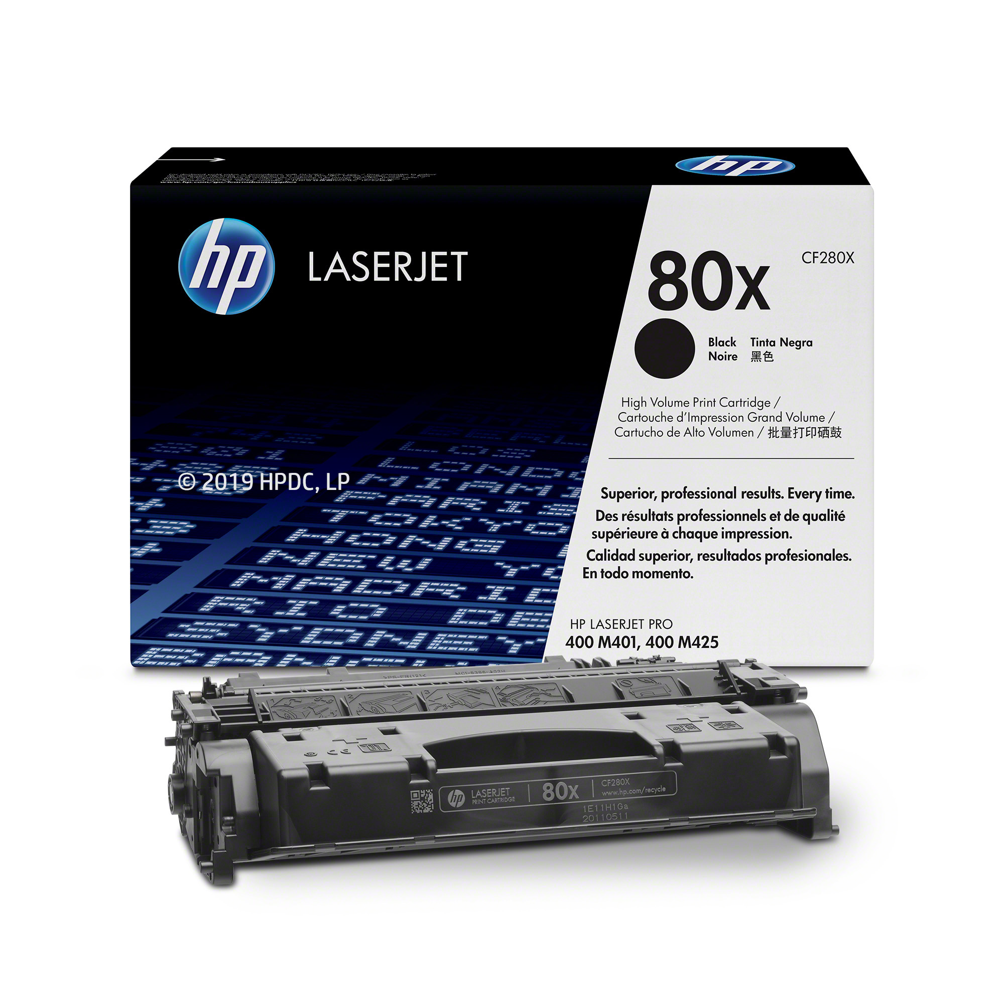HP LaserJet nyomtatótoner kazetta doboza, elöl egy toner kazettával.