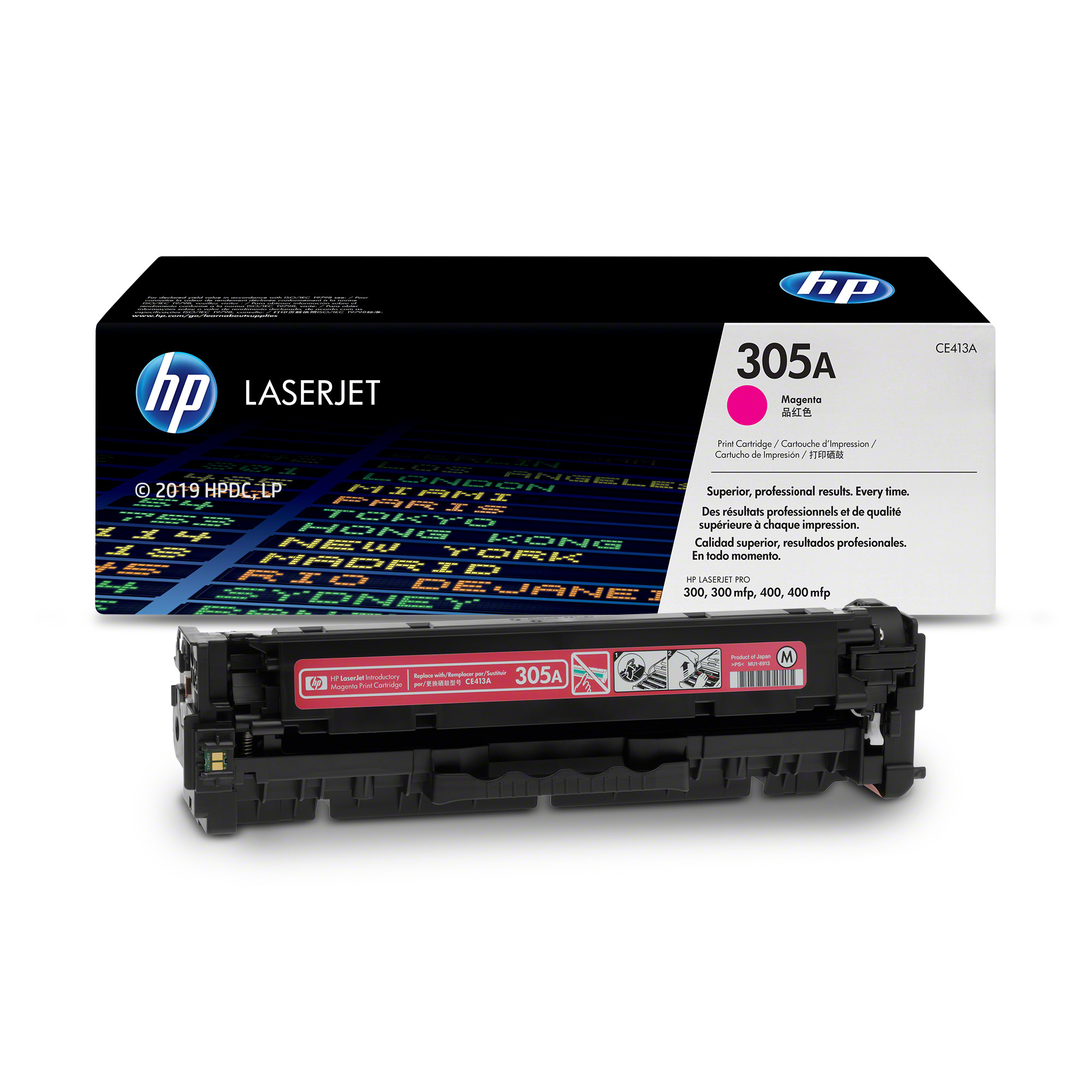 Egy magenta HP LaserJet tonerkazetta a dobozban. A dobozon lévő szöveg: 305A, CE413A.