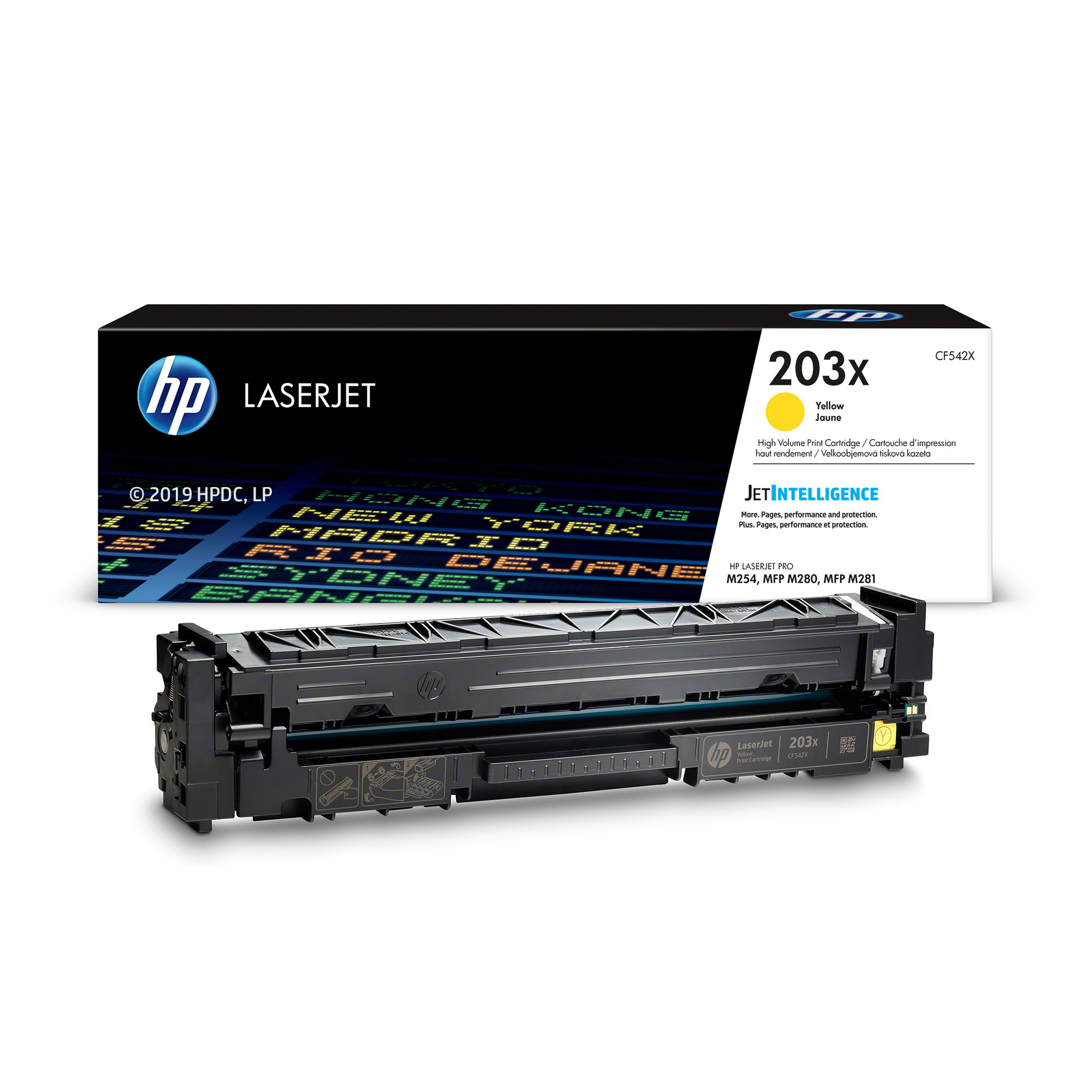 HP Laserjet nyomtató kazetta doboza. Sárga tintapatron belül.