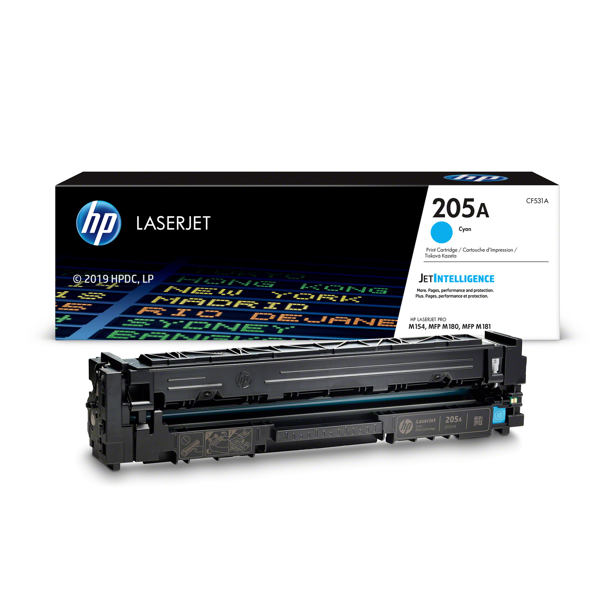 Cián HP LaserJet tintapatron doboz, mellette egy patronnal.