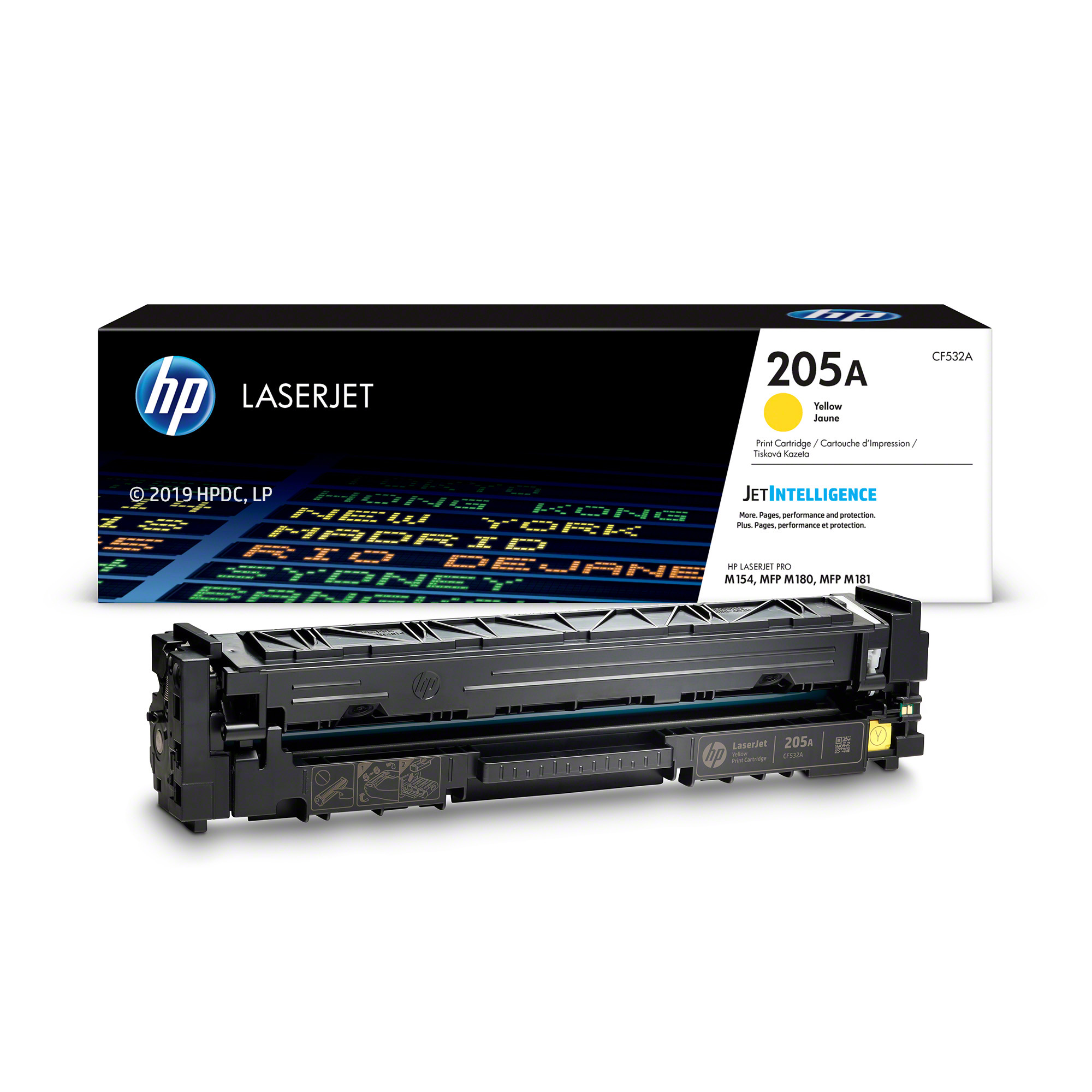 HP LaserJet sárga tonerkazetta. A termék doboza és a kazetta fehér háttéren.