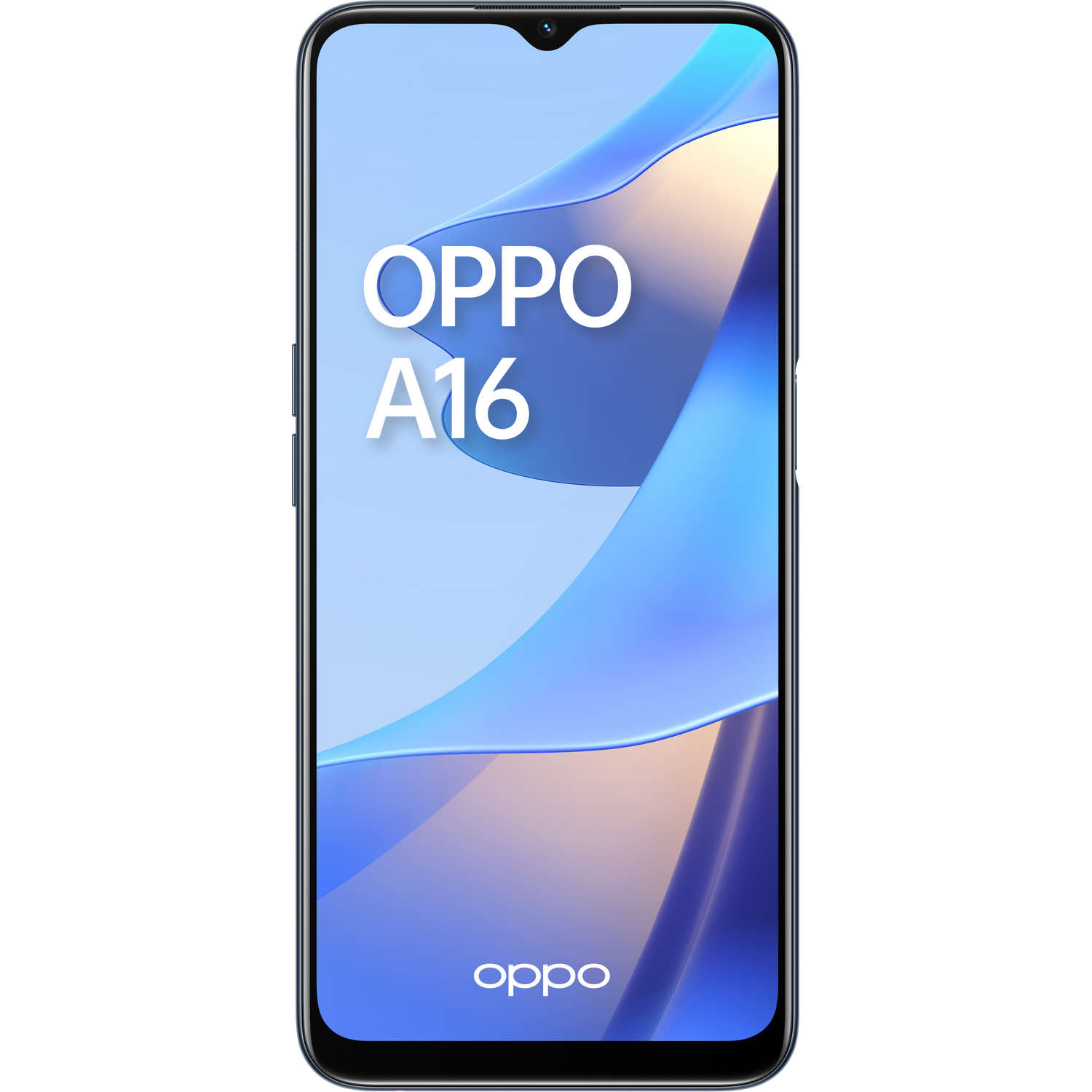 Smartphone OPPO A16. El teléfono es negro con el logo OPPO y el texto A16.