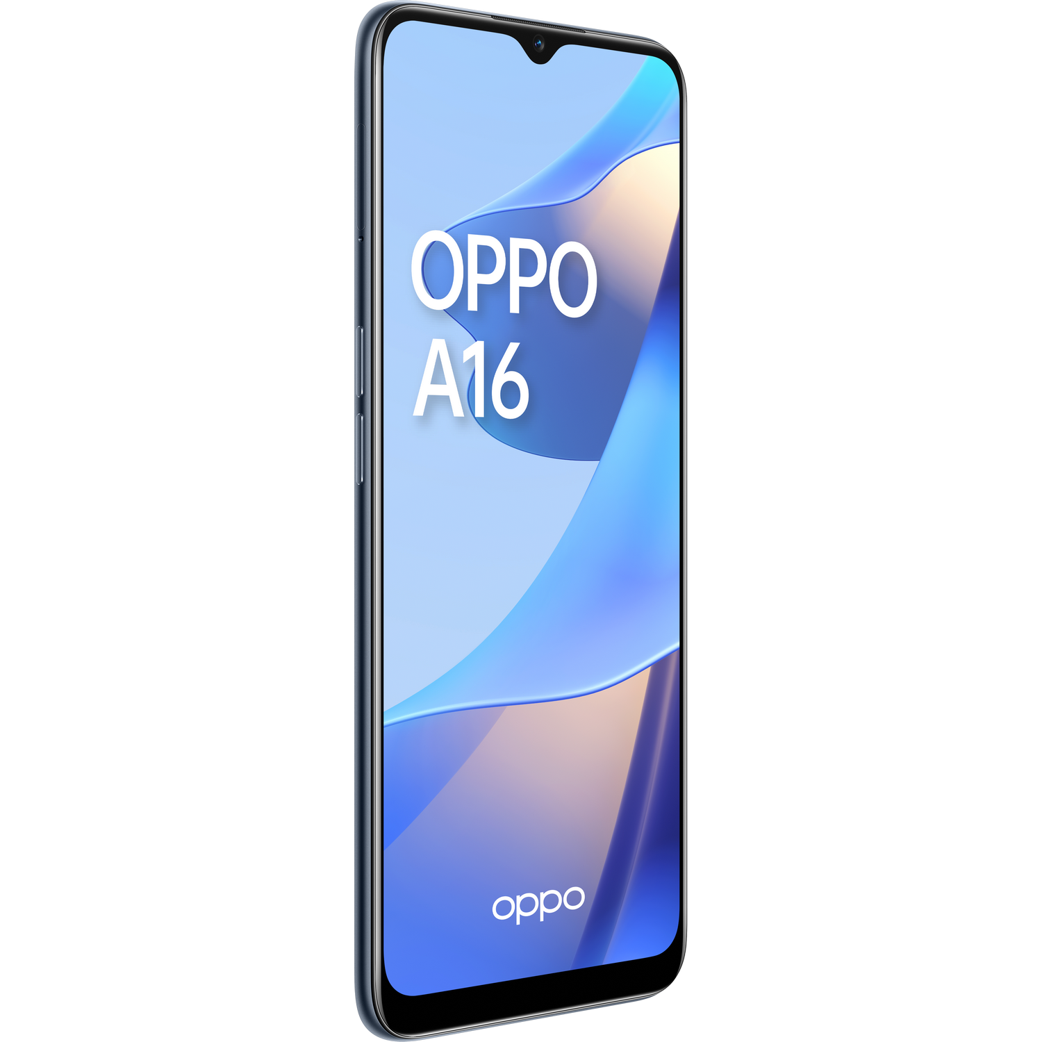 Un elegante teléfono inteligente OPPO A16 azul, sobre un fondo blanco. El teléfono está en ángulo.