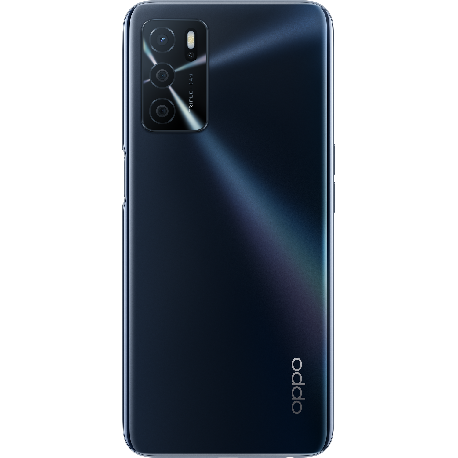 Un teléfono Oppo negro con triple cámara y logotipo de Oppo.