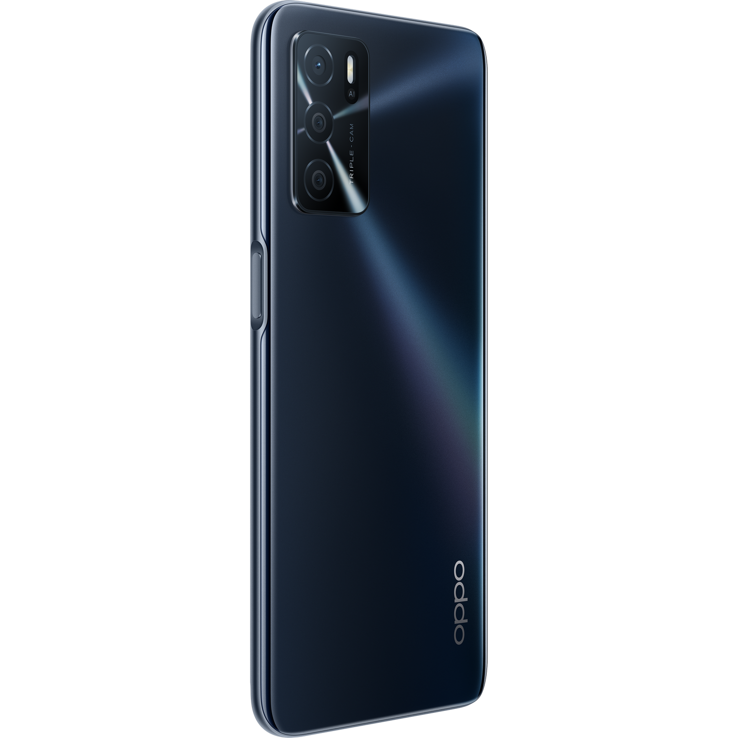 Un teléfono Oppo azul oscuro con triple cámara y el logotipo de Oppo en la parte trasera.