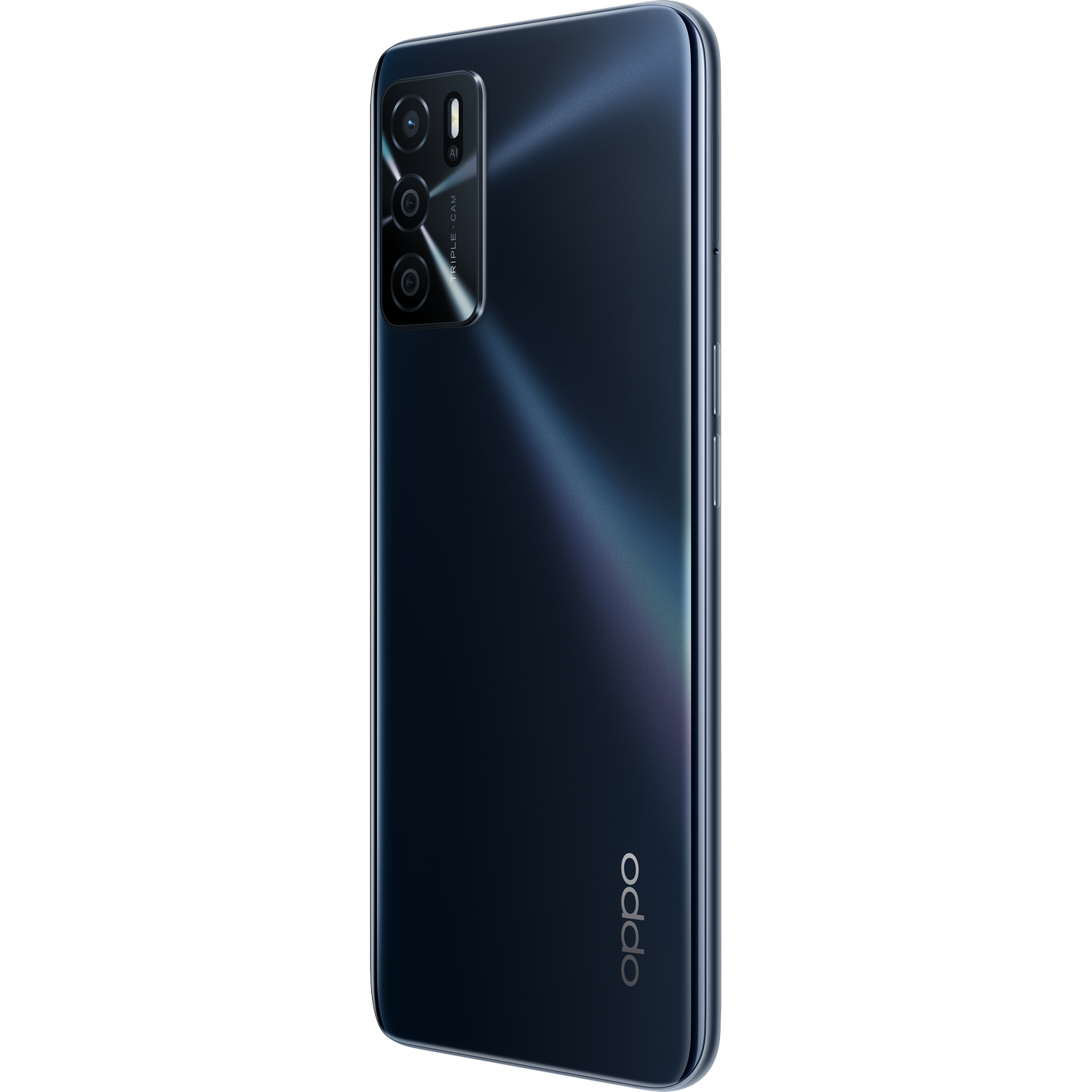 Smartphone negro con triple cámara. Logotipo 'Oppo' abajo. Aislado sobre fondo blanco.