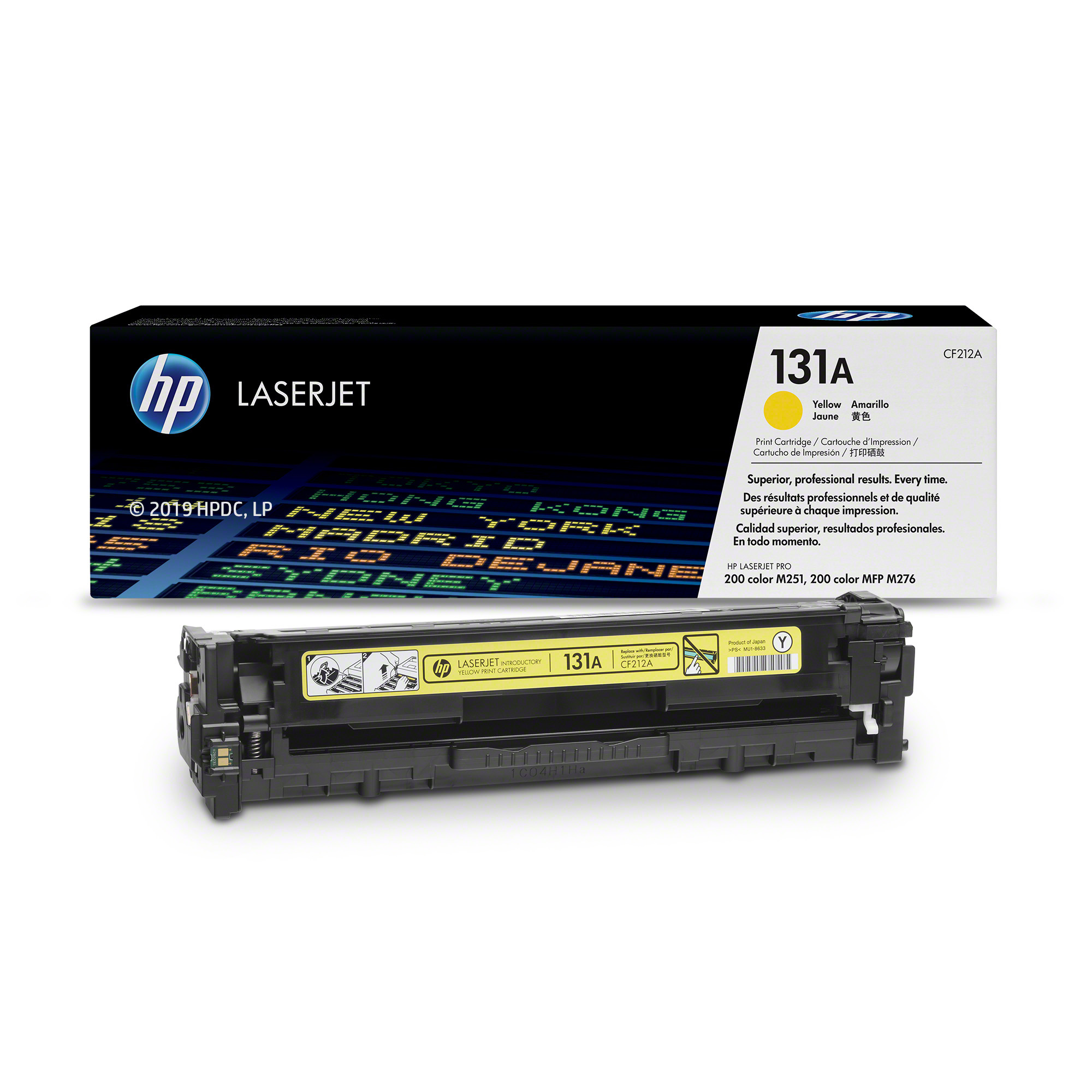 Egy sárga HP Laserjet tonerkazetta és doboz, '131A' és 'CF212A' felirattal a kazettán és a dobozon.