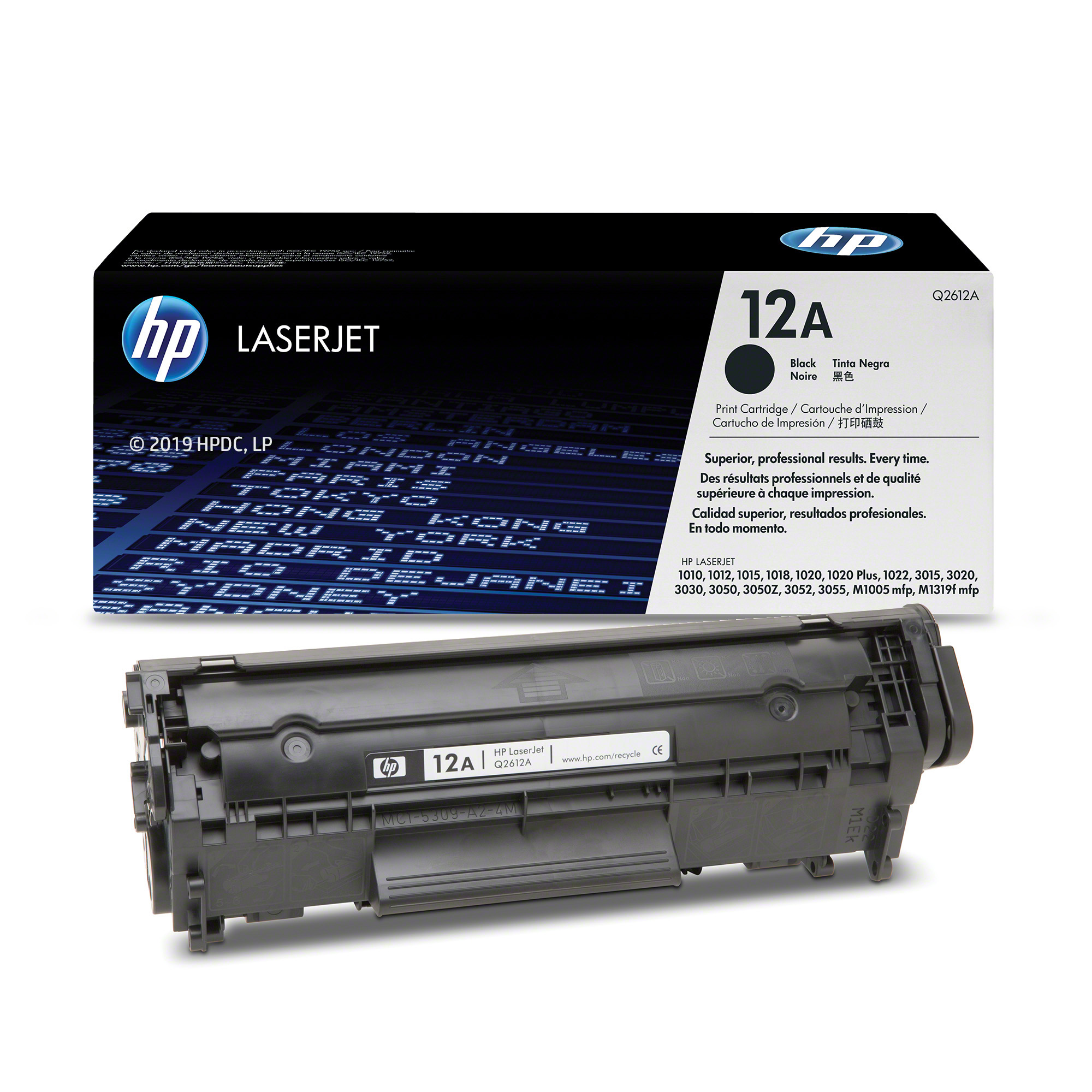 Fekete-fehér HP tonerkazetta doboz és toner.