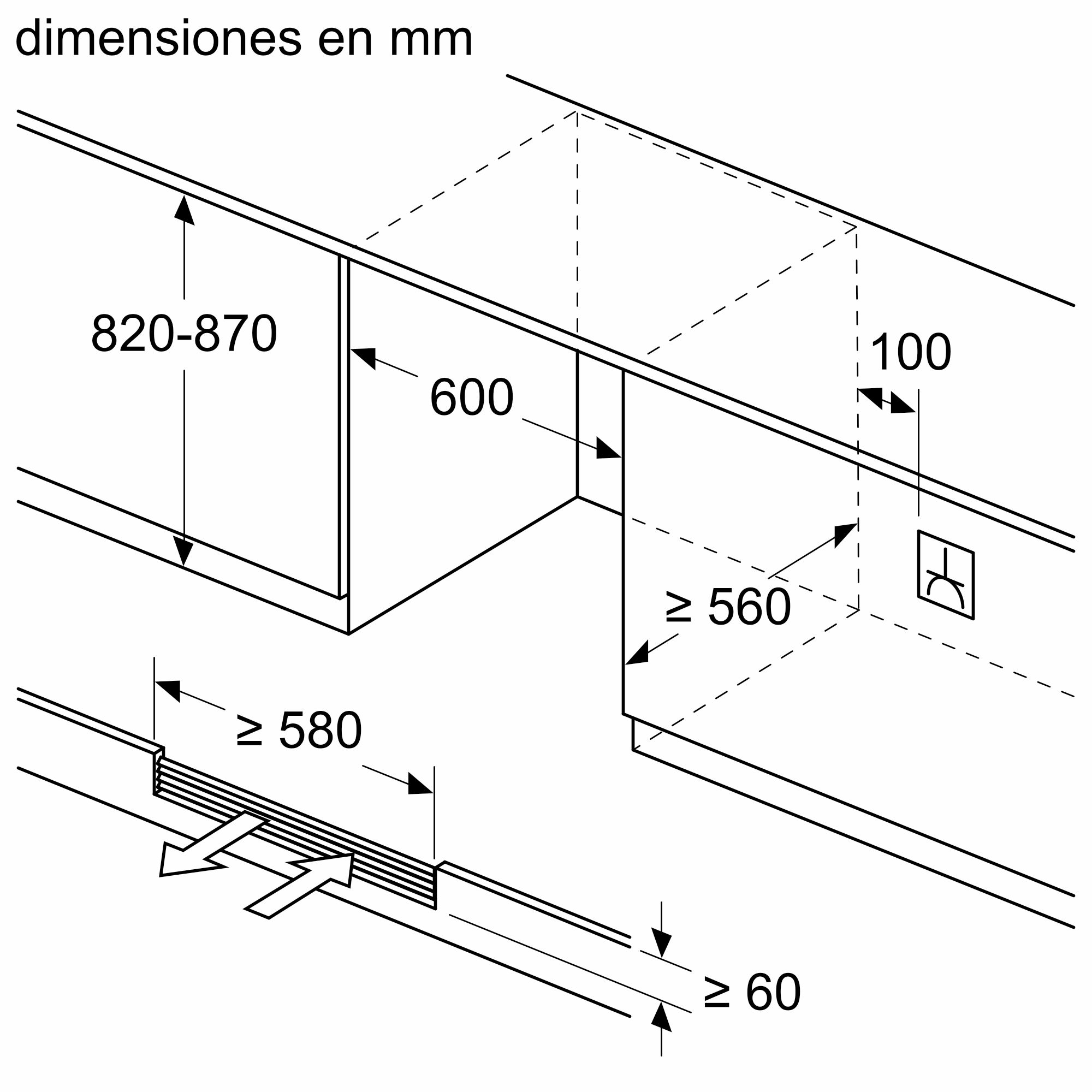 Diagrama que muestra las dimensiones para la instalación de una campana extractora de cocina.