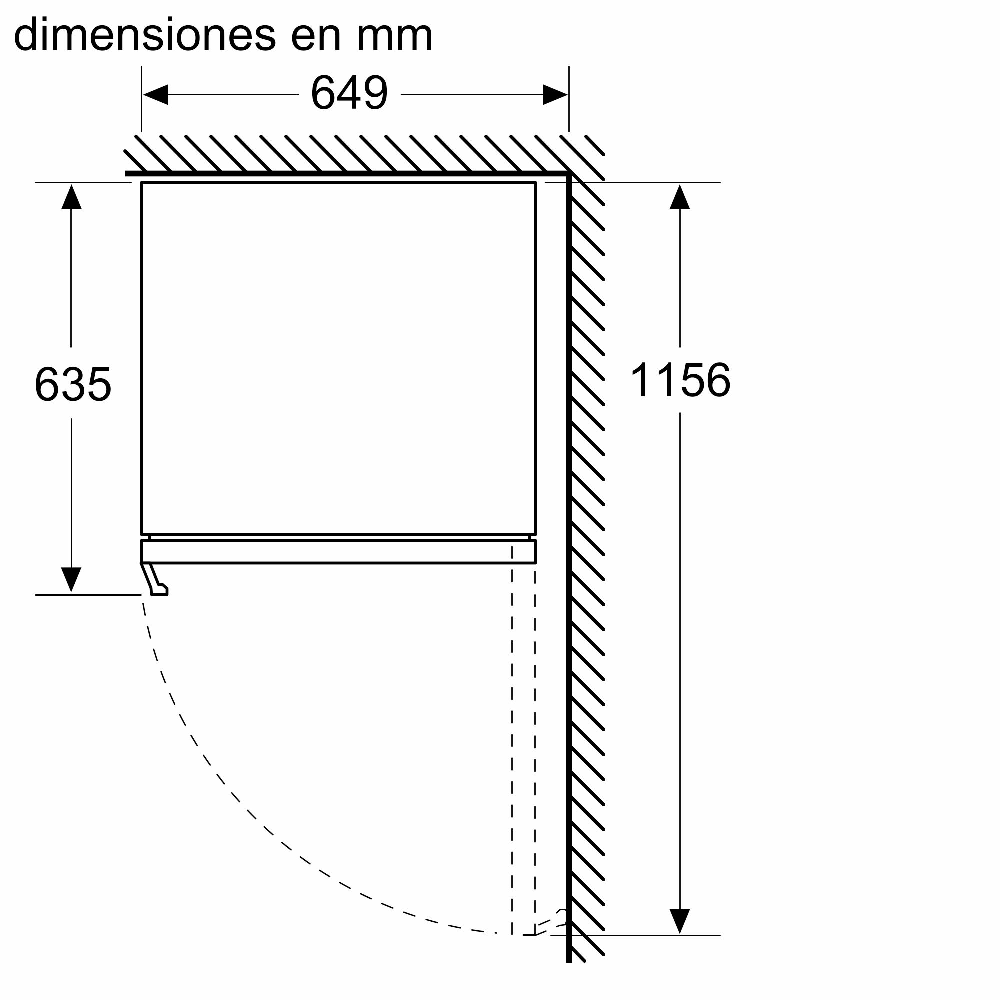 Diagrama con dimensiones en mm de un armario u objeto similar, con puerta abierta.