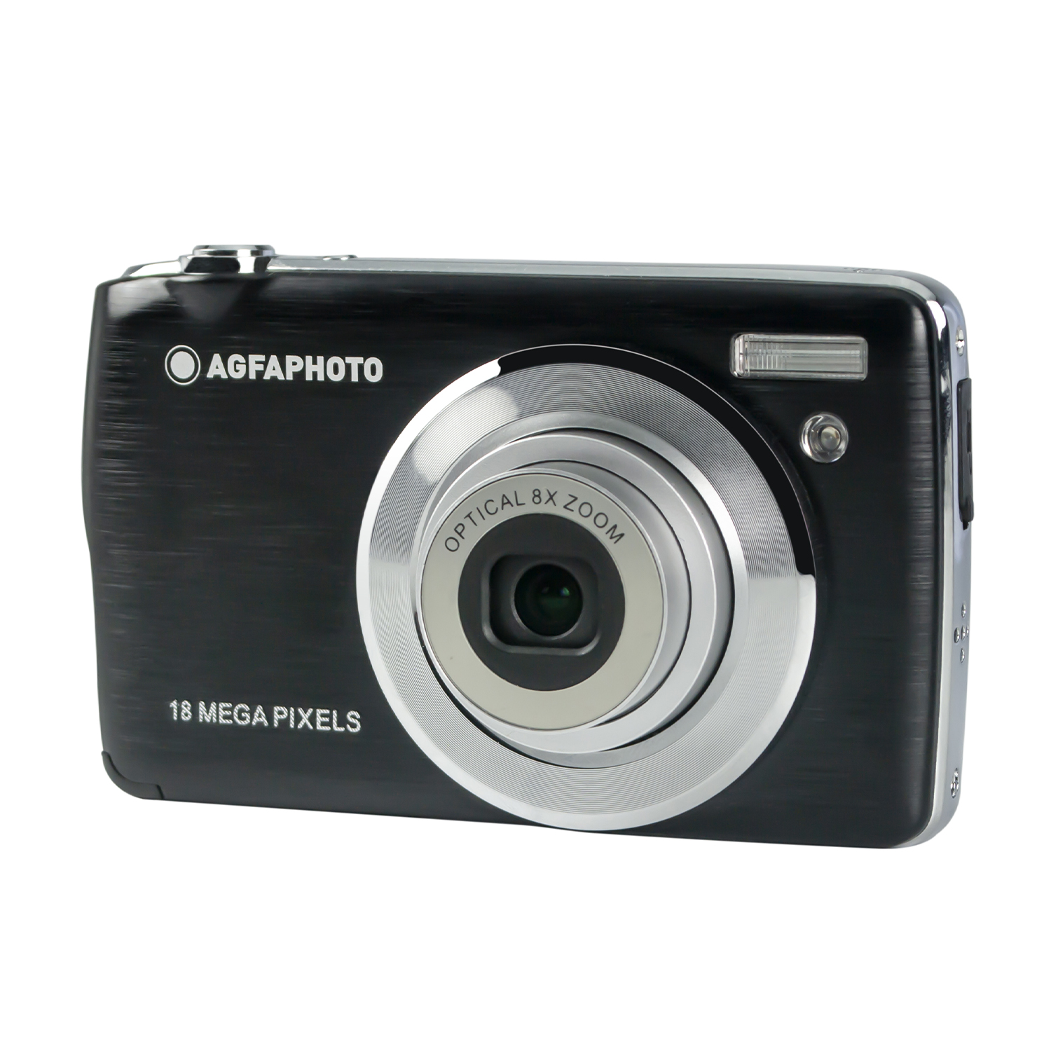 Una fotocamera digitale AgfaPhoto nera con obiettivo argento metallizzato e flash.